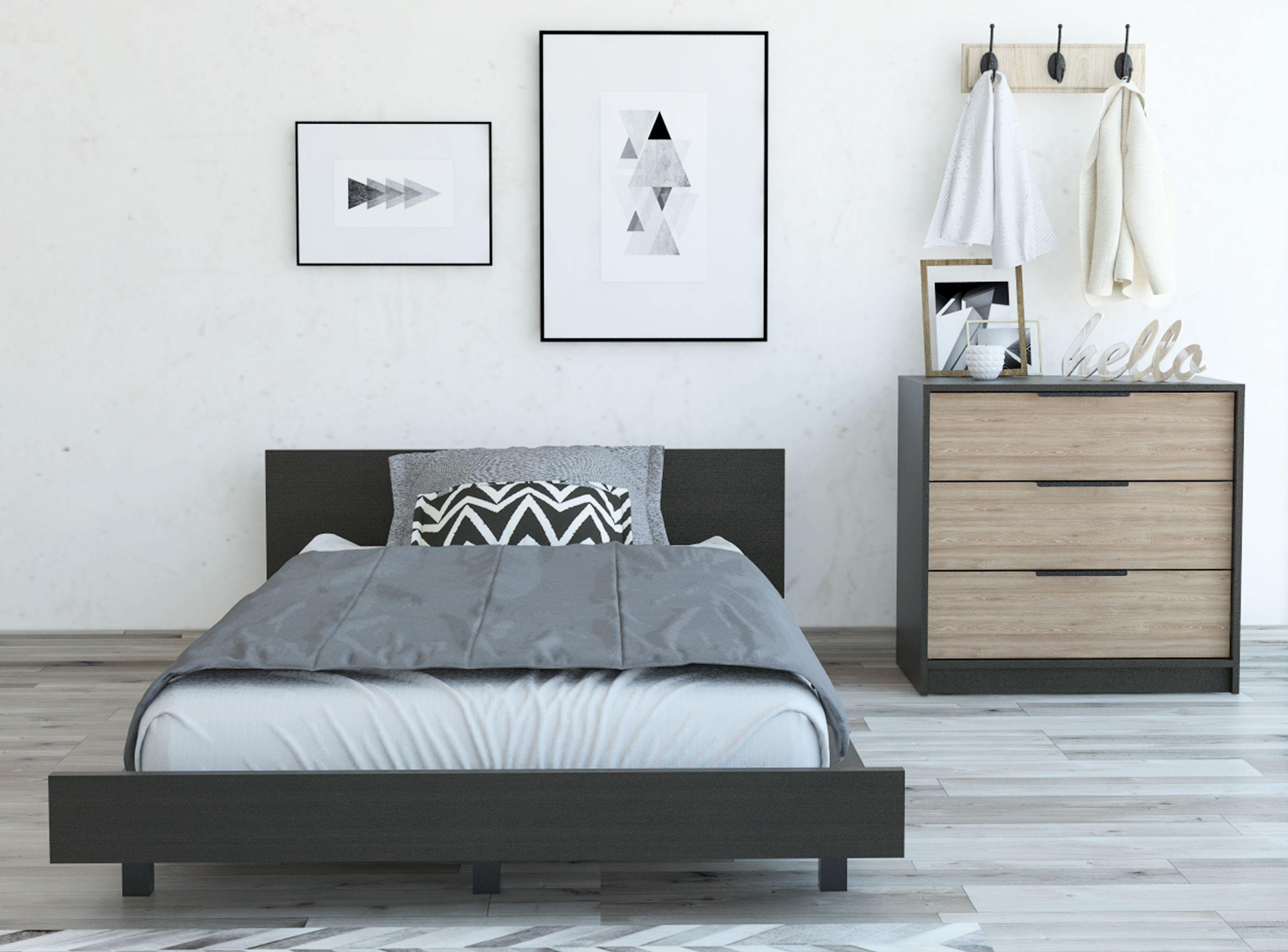 Combo Dormitorio Kaia Wengue Miel: Cama 1.5 Plazas + Cómoda 3C-1