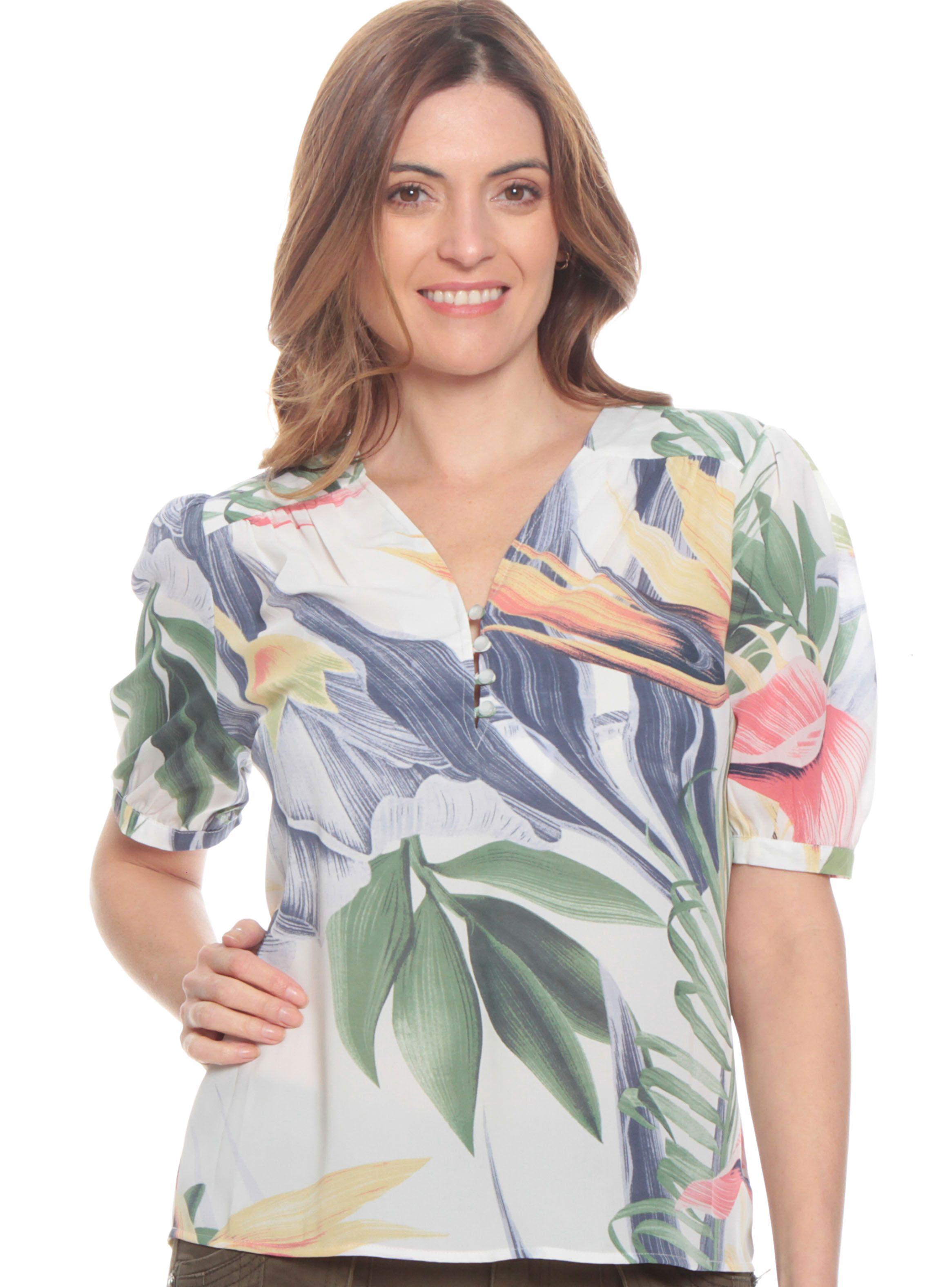 Blusa Con Detalle Estampada Escote V Con Botones-0