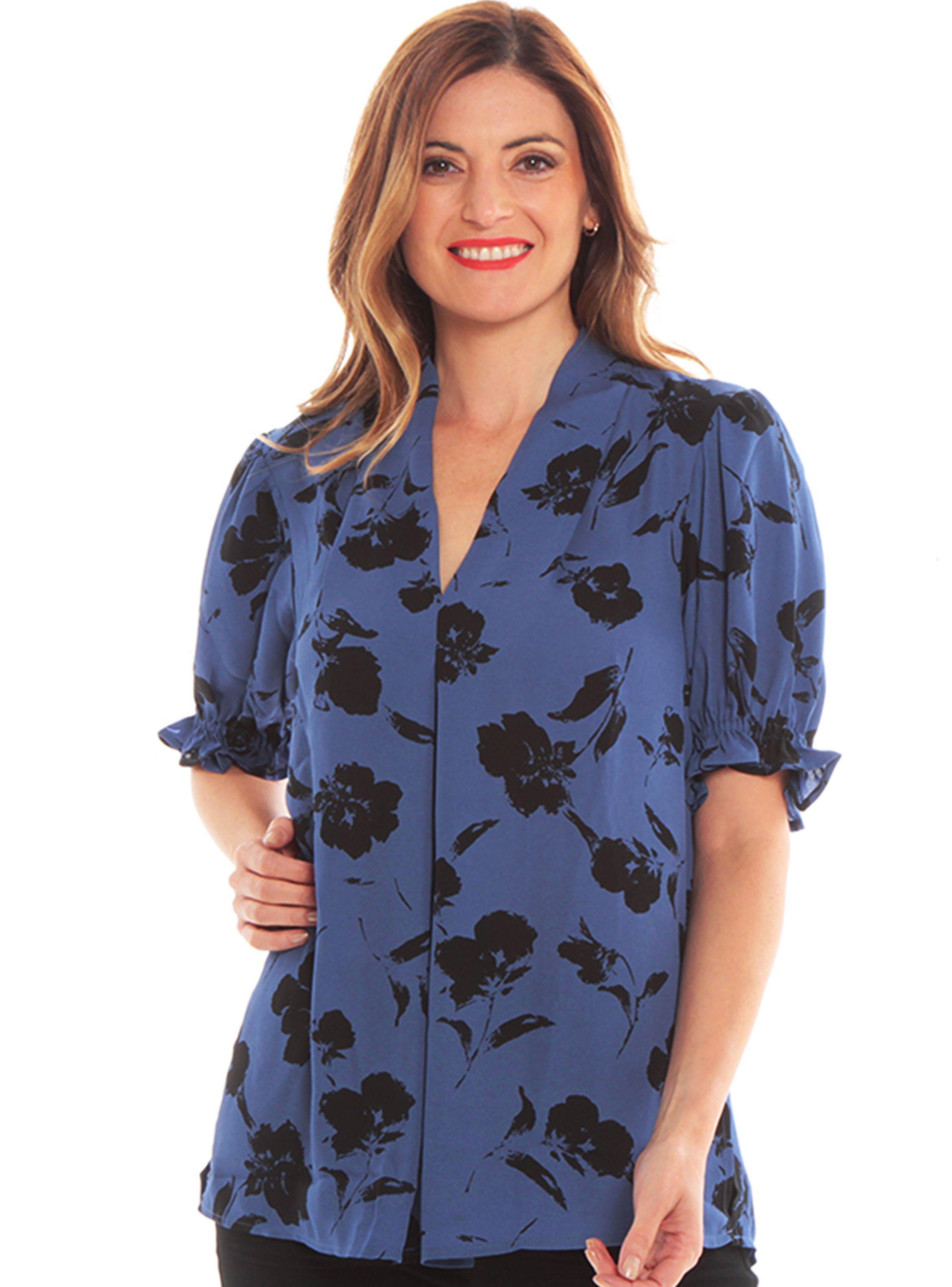 Blusa Elasticada Estampada Escote V con Detalle-0