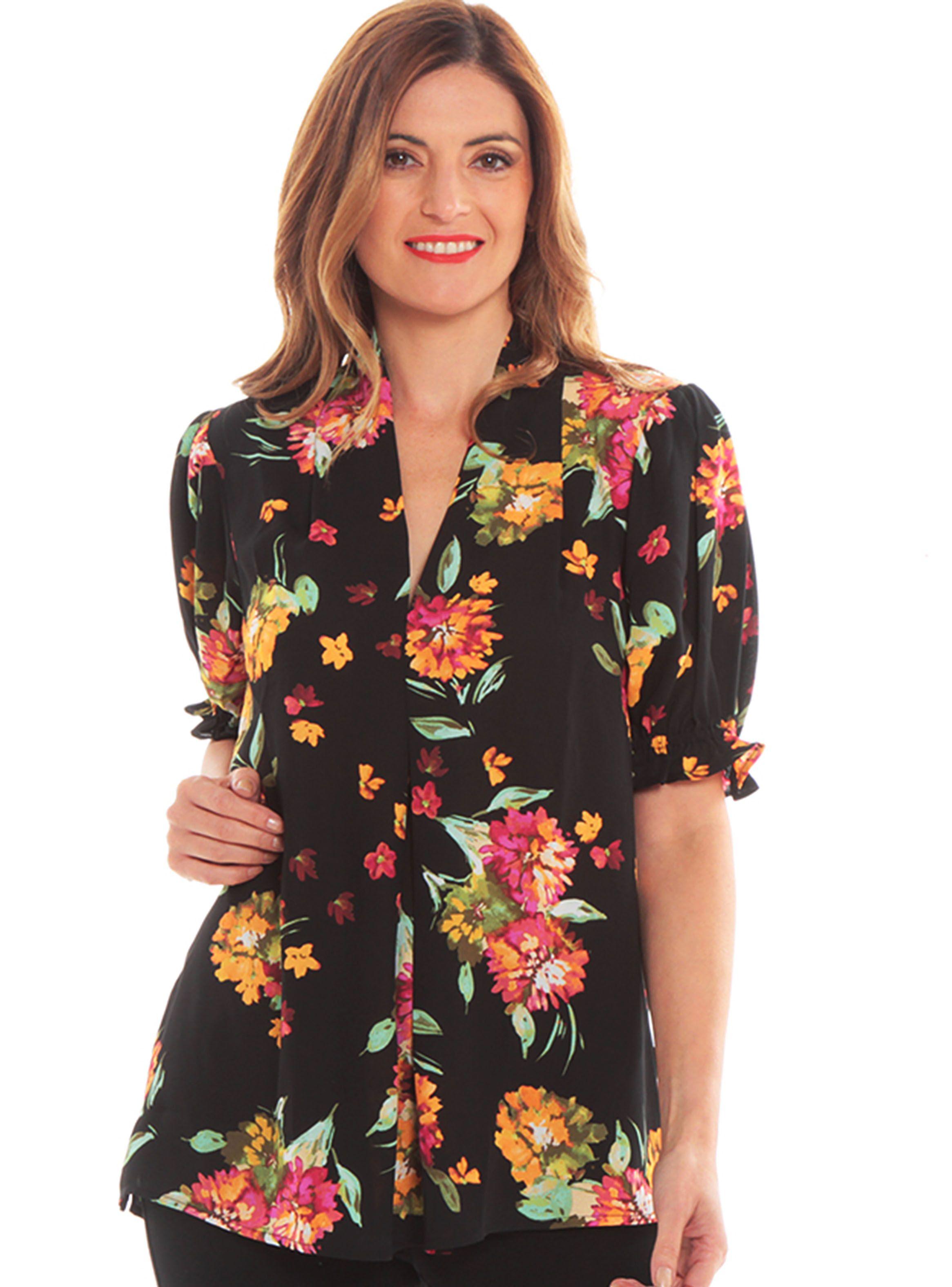 Blusa Elasticada Estampada Escote V con Detalle-0