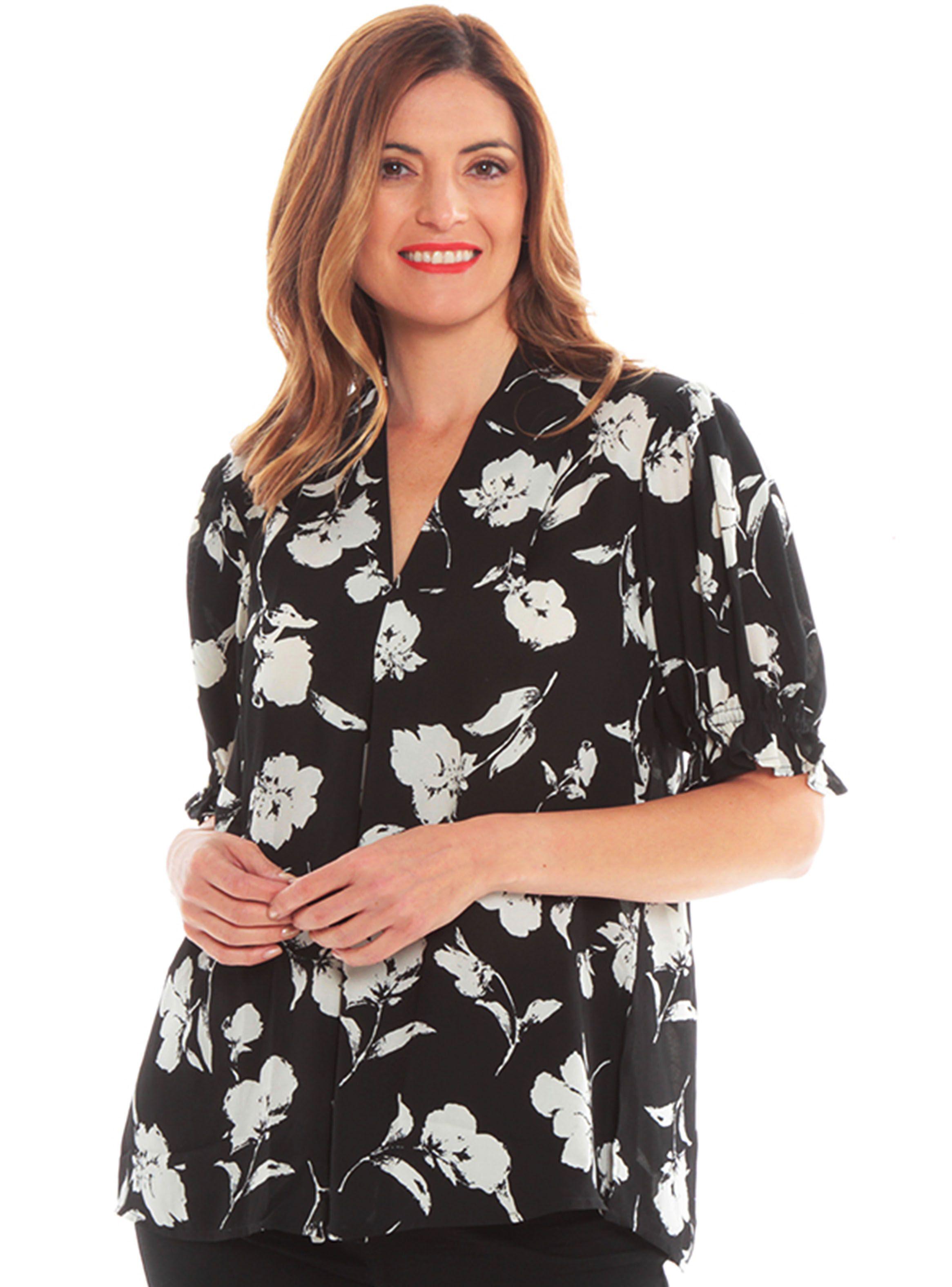 Blusa Elasticada Estampada Escote V con Detalle-0