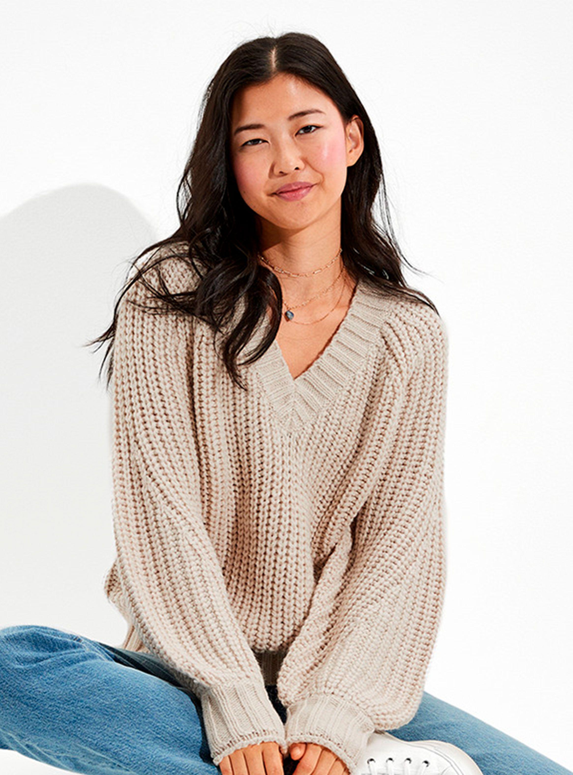 Oversized Sweater Chunky Knit V-Neck-0