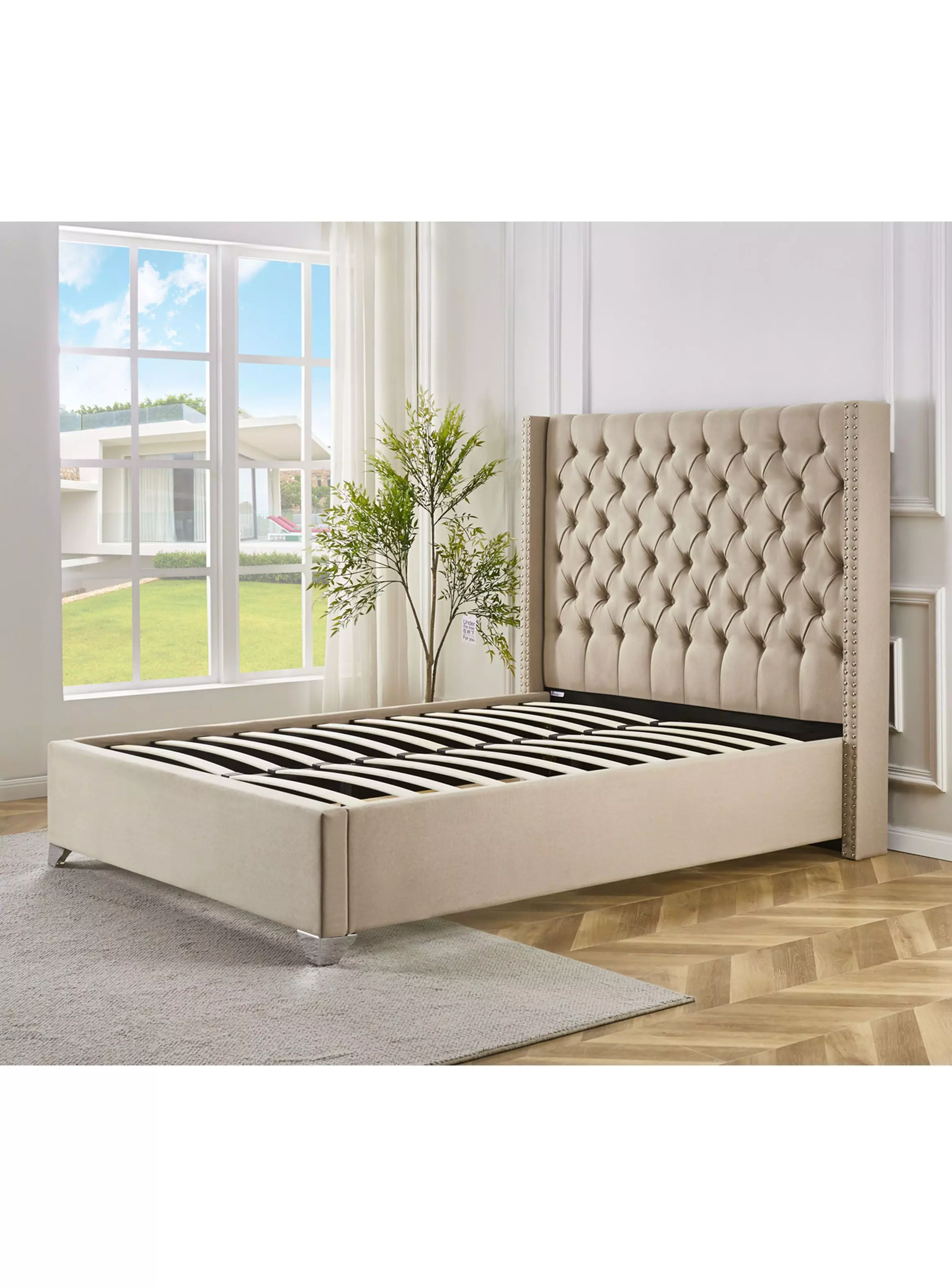 Cama Europea 2 Plazas Agata + Respaldo Beige-2