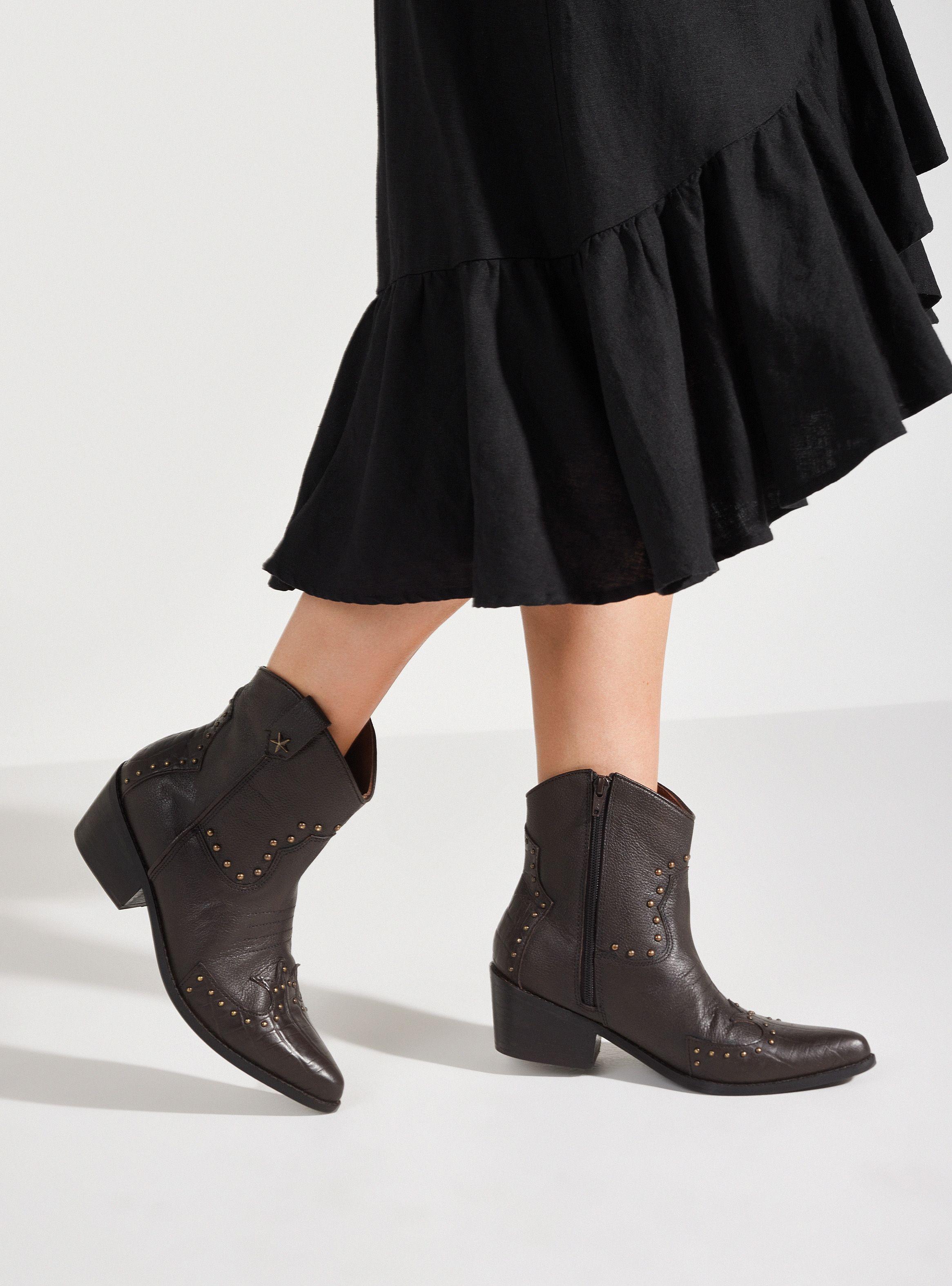 Botín Cuero Estilo Vaquero Mujer-0