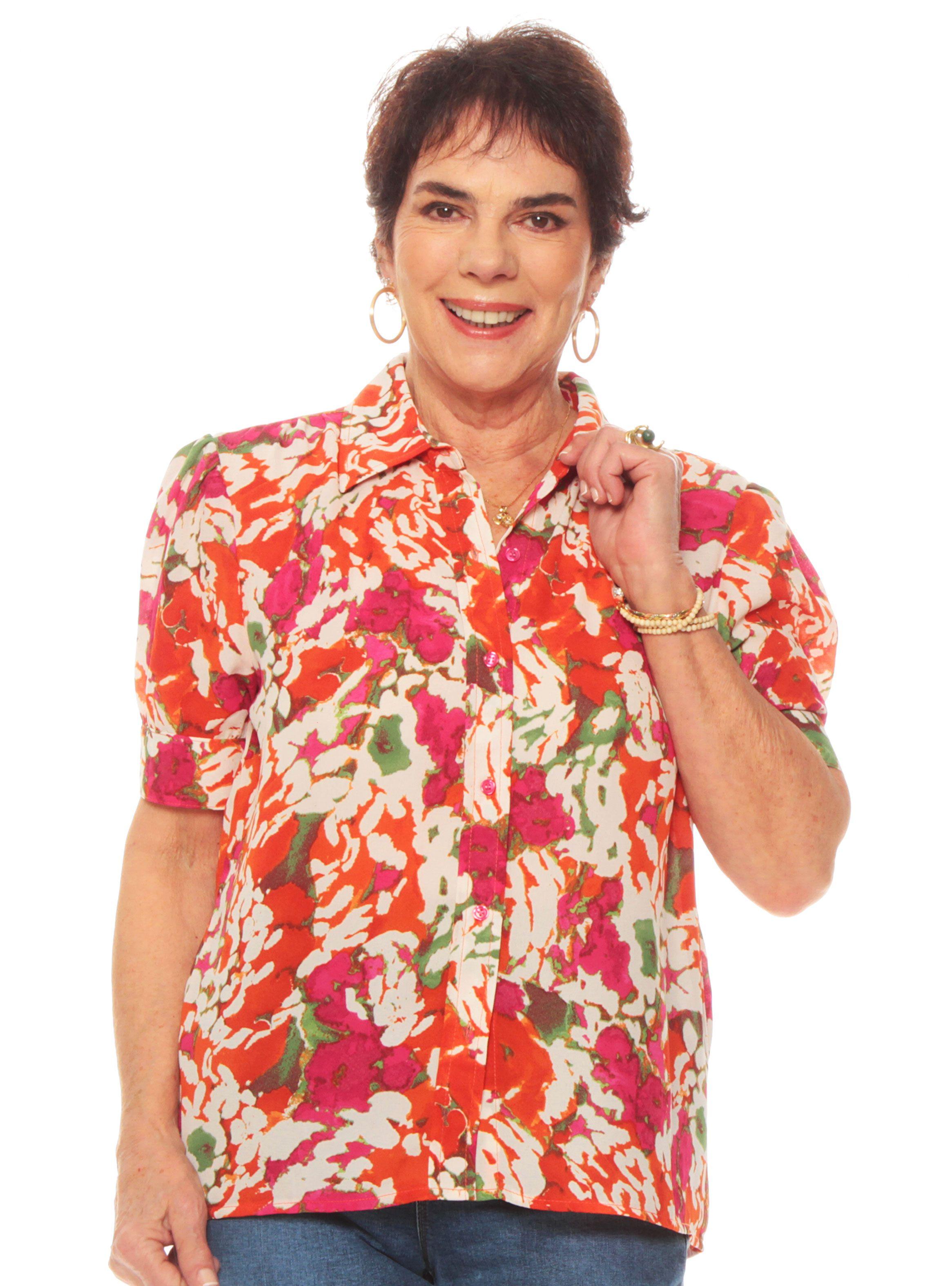 Blusa Manga 3/4 Estampada Abotonda  Cuello Camisero-0