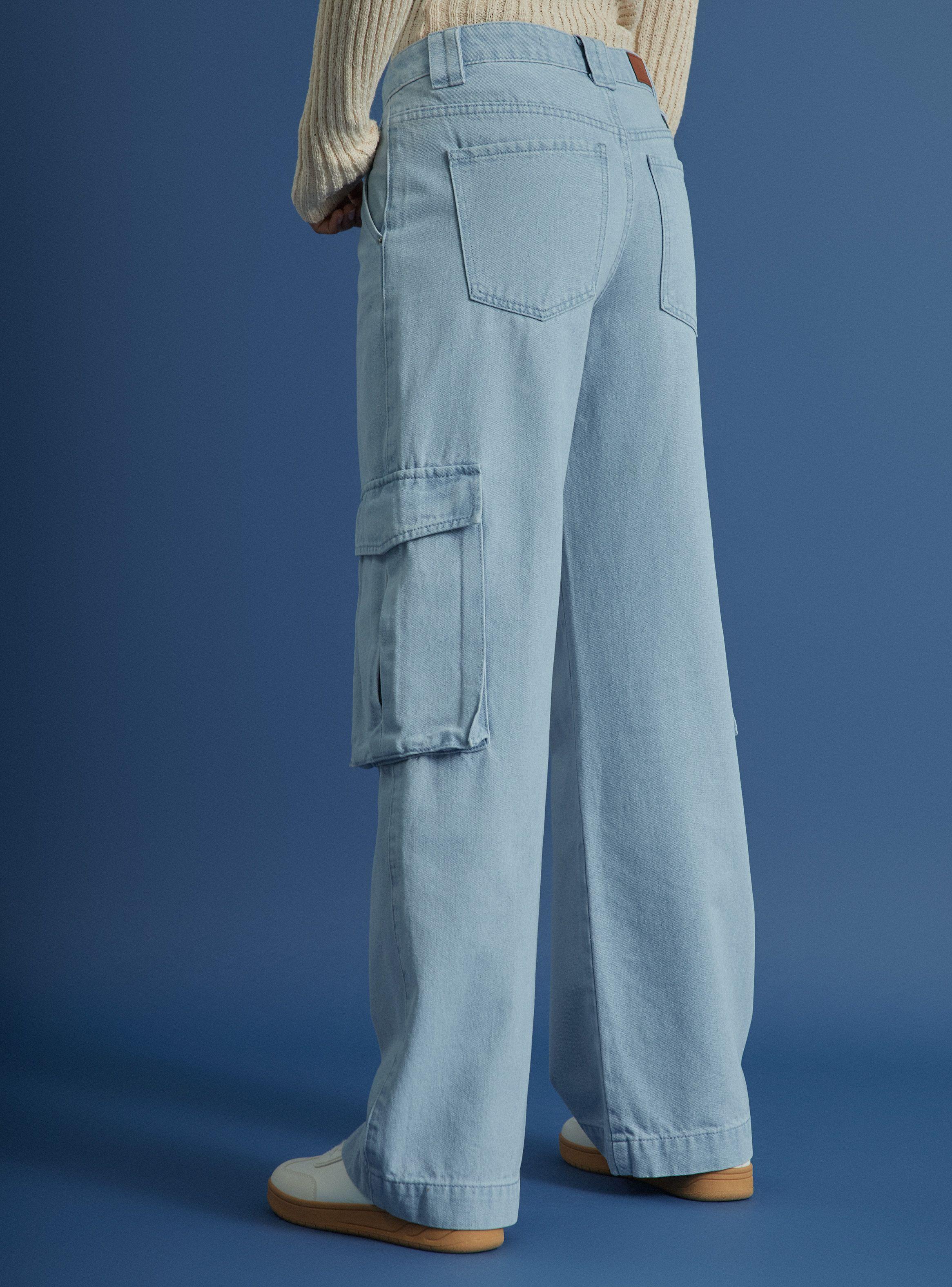 Jeans Bolsillos Cargo Tiro Medio Denim-1