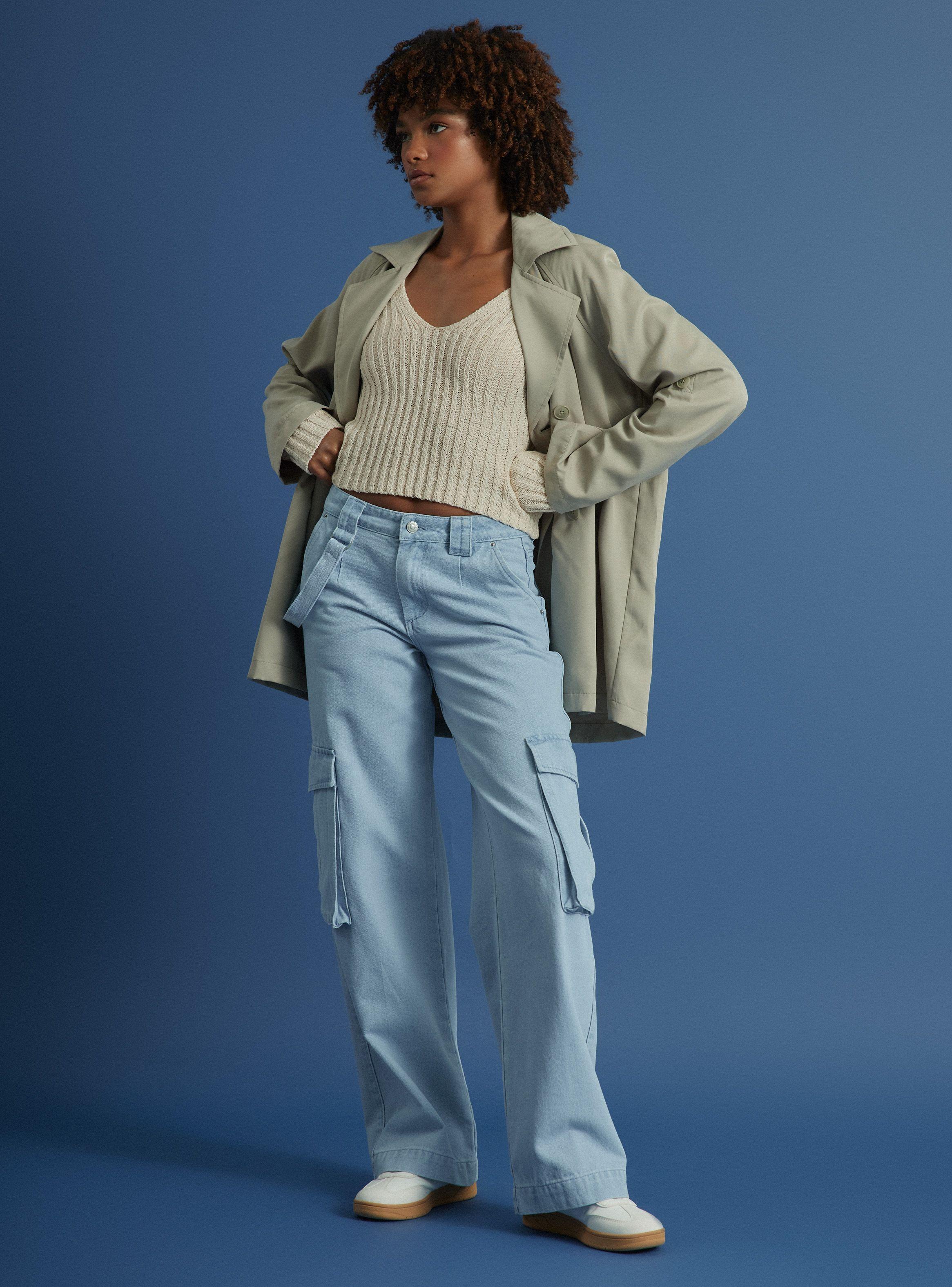 Jeans Bolsillos Cargo Tiro Medio Denim-4