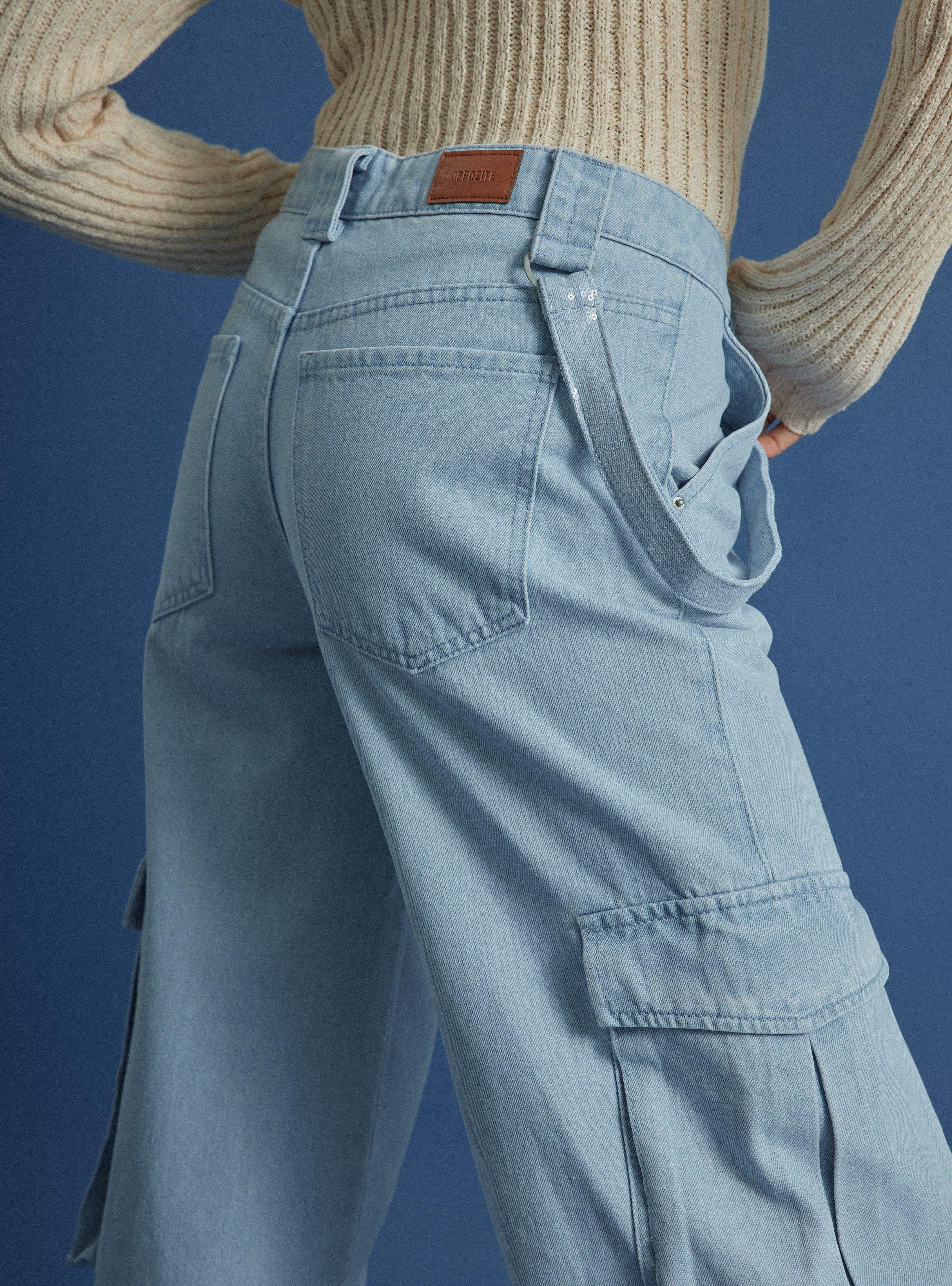 Jeans Bolsillos Cargo Tiro Medio Denim-3