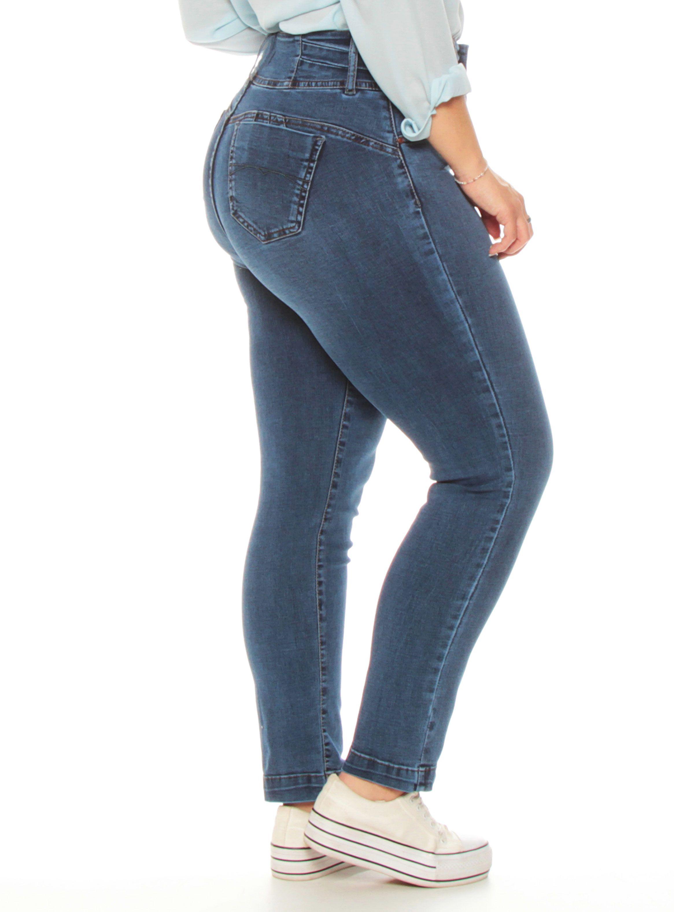 Jeans Slim Push Up Tiro Alto Pretina Media Dos  Botones-1