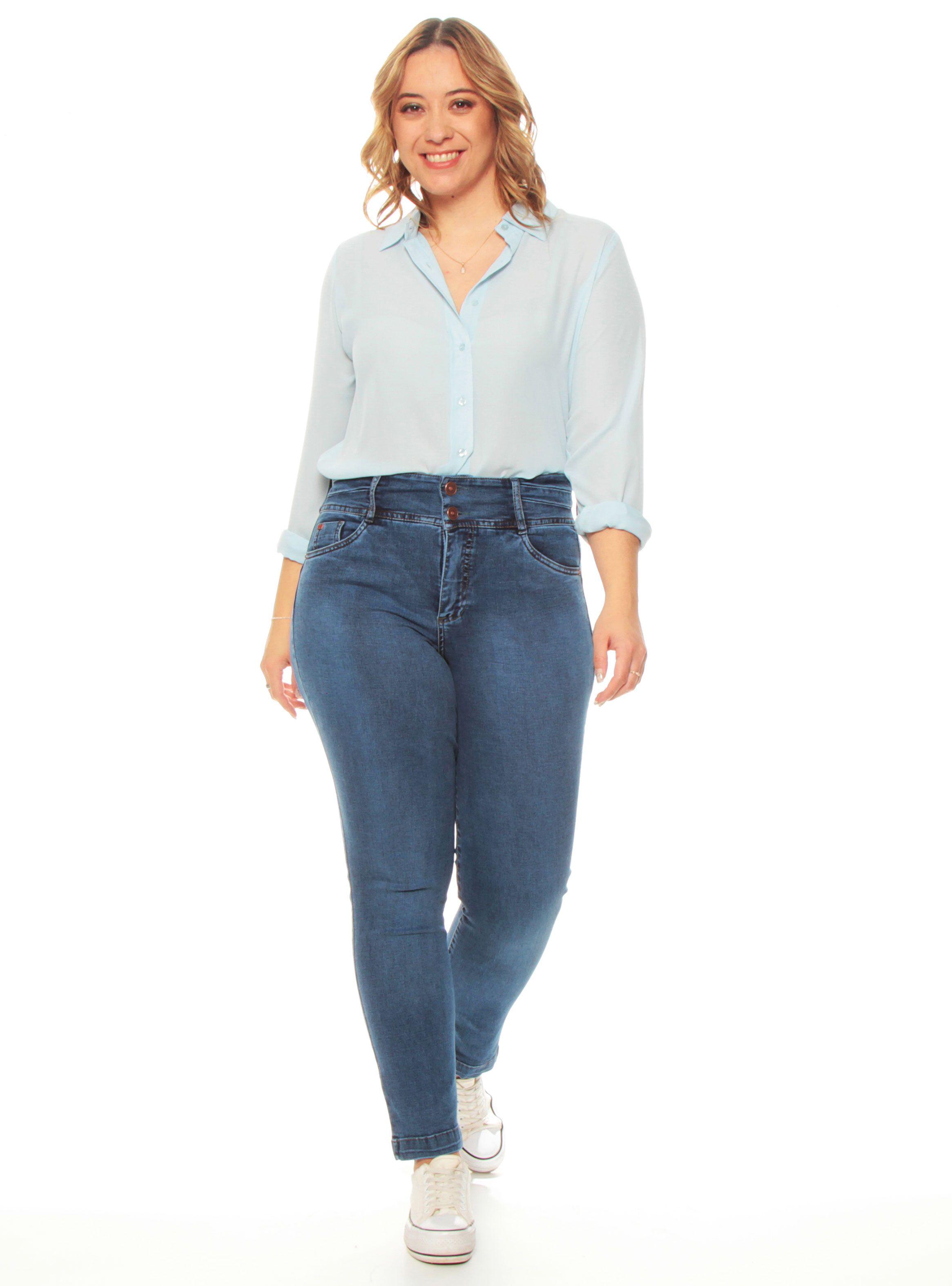 Jeans Slim Push Up Tiro Alto Pretina Media Dos  Botones-3