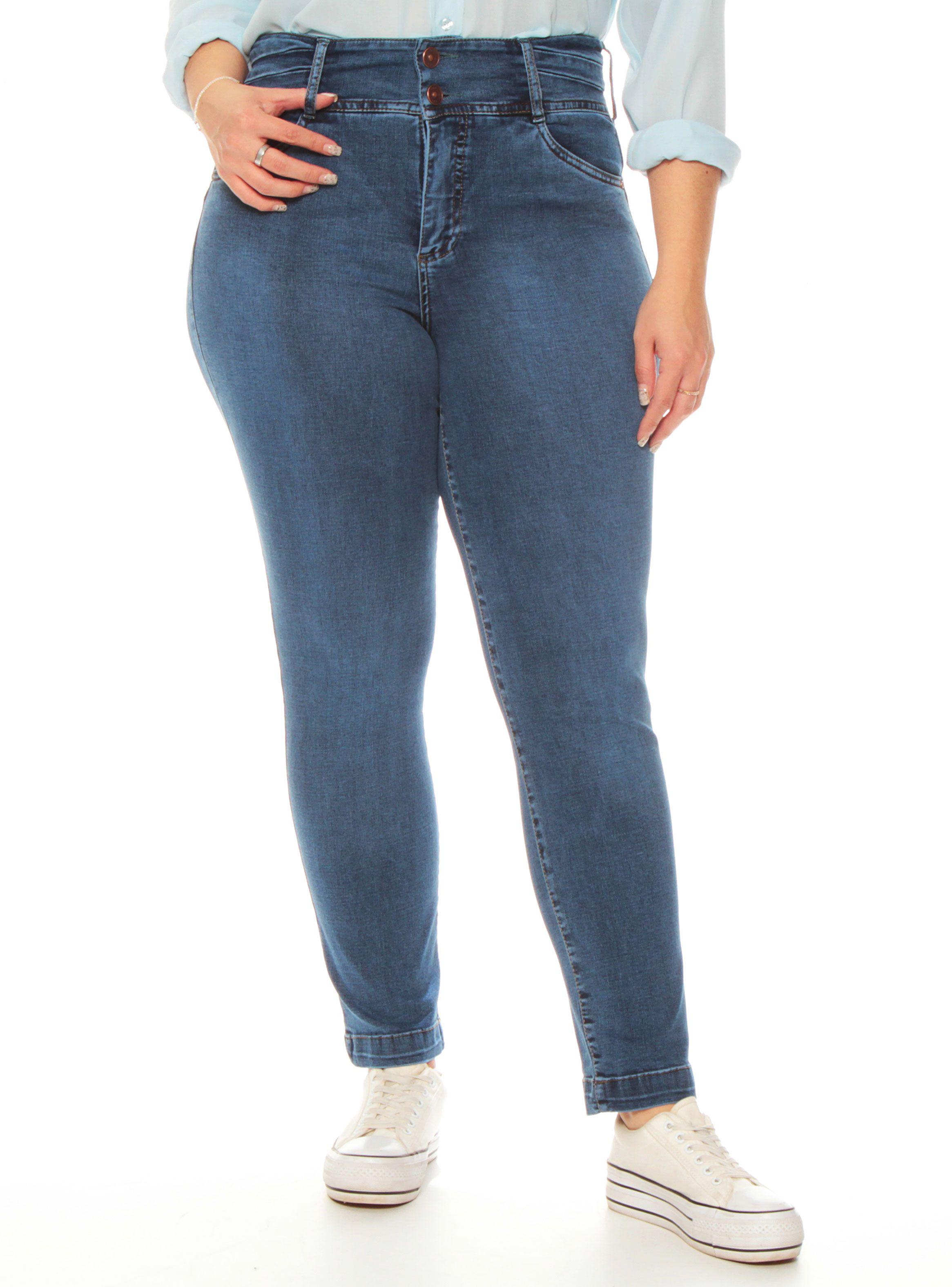 Jeans Slim Push Up Tiro Alto Pretina Media Dos  Botones-0