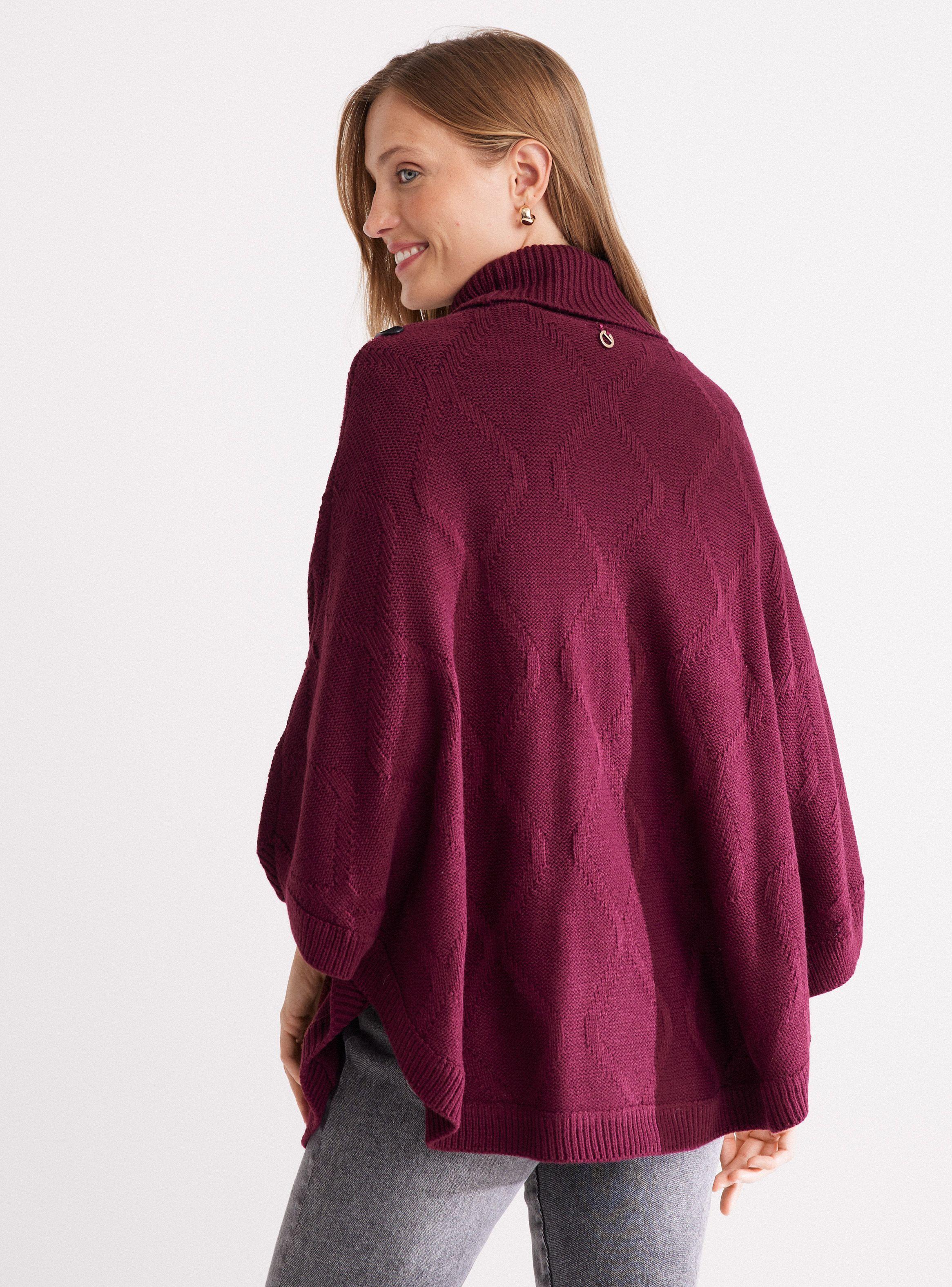 Sweater Poncho con Trenza y Hebilla Decorativa-1