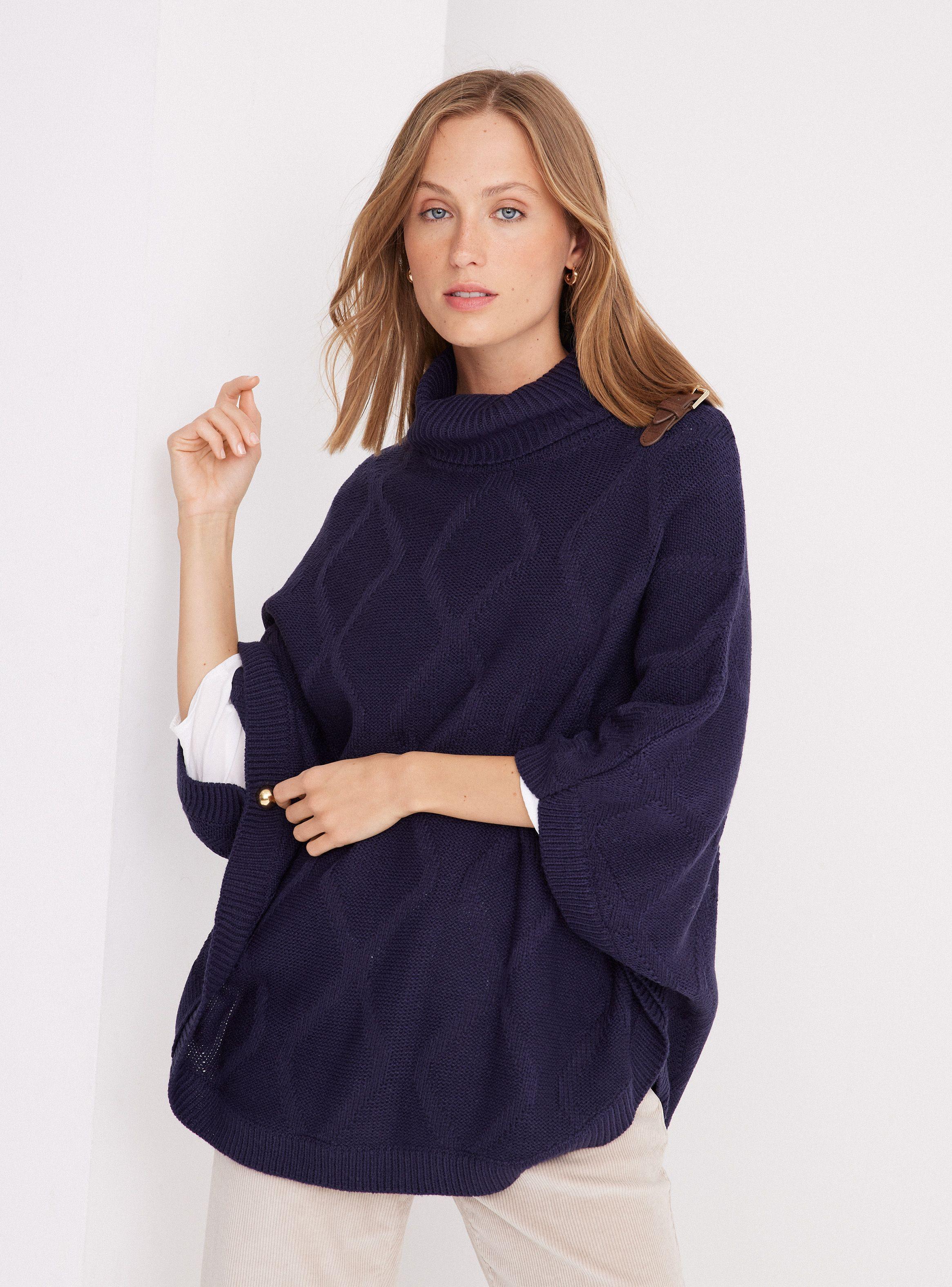 Sweater Poncho con Trenza y Hebilla Decorativa-0