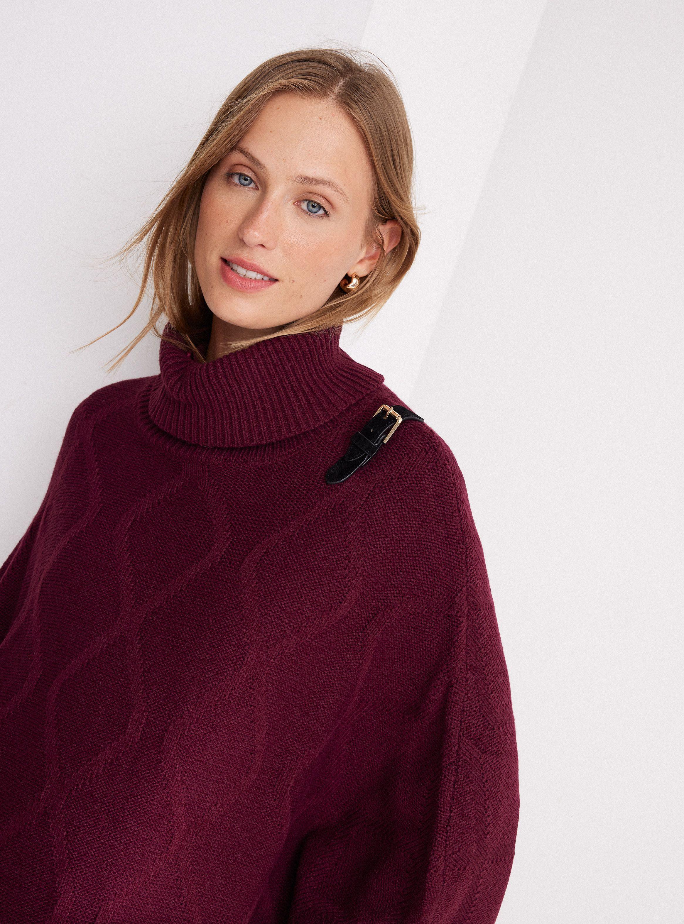 Sweater Poncho con Trenza y Hebilla Decorativa-2