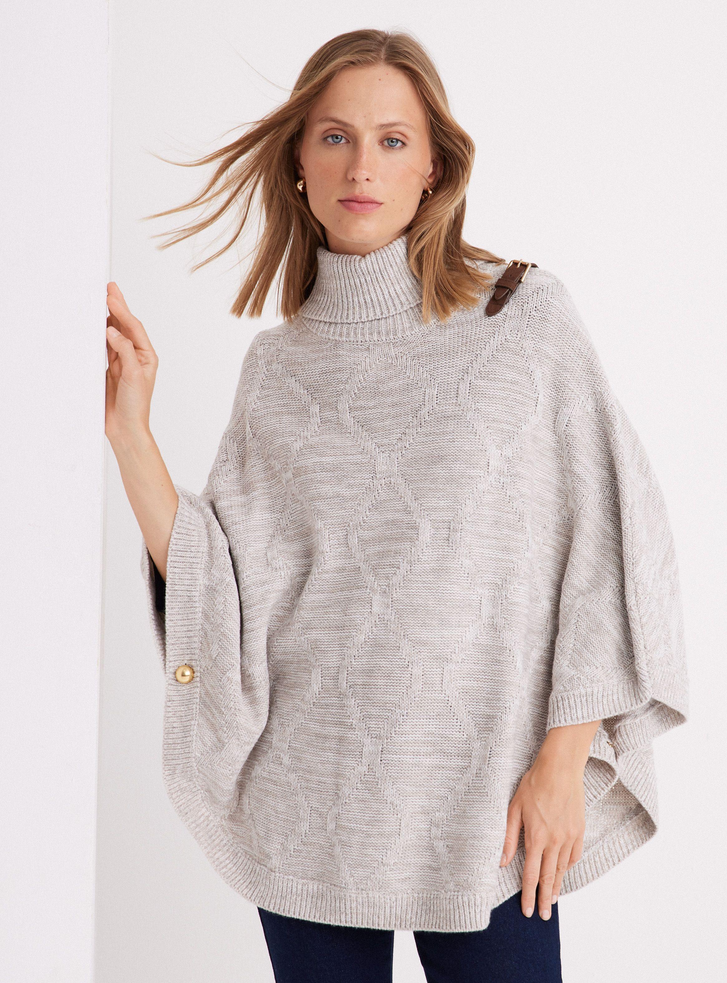 Sweater Poncho con Trenza y Hebilla Decorativa-0
