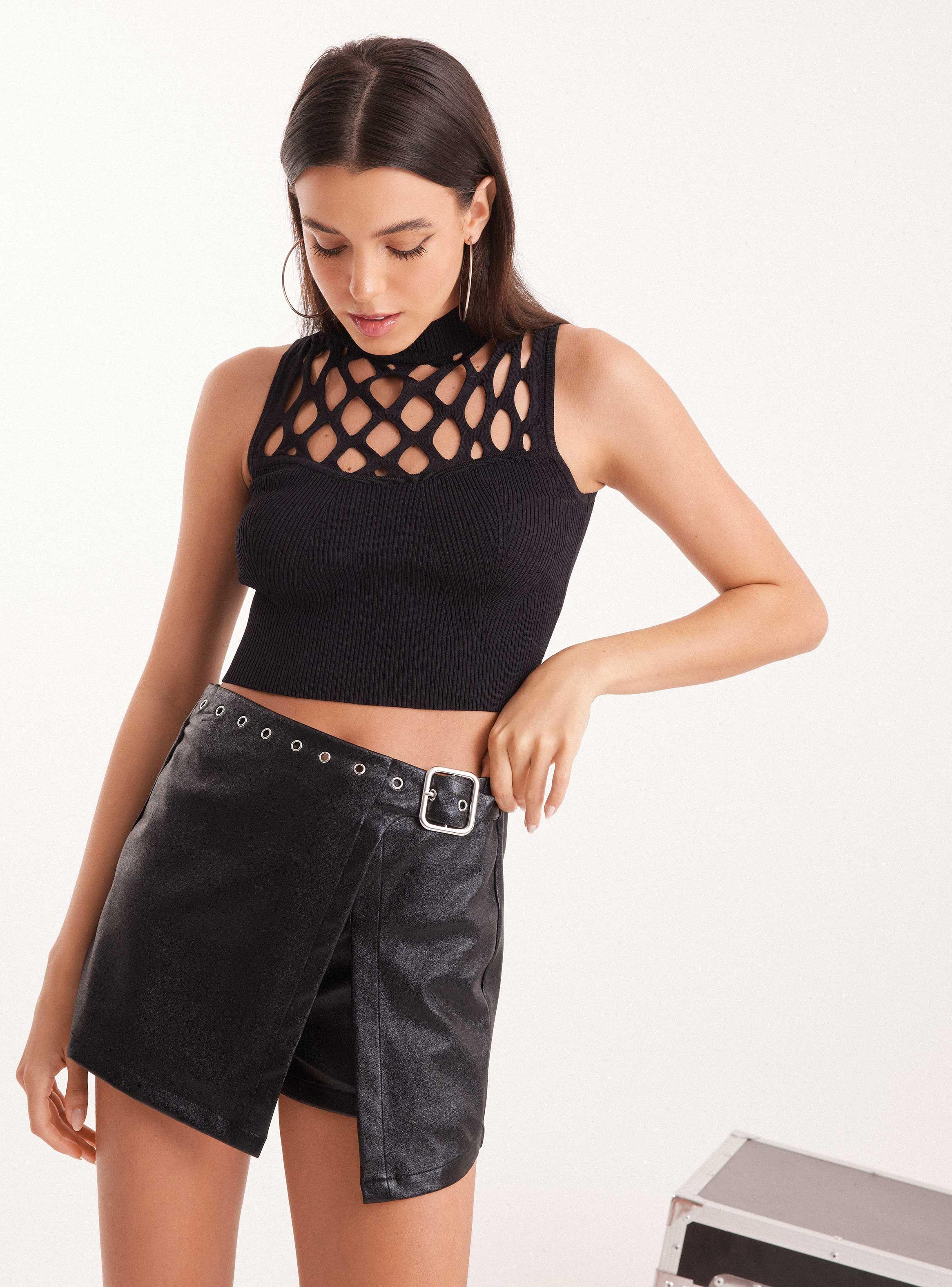 Falda Skort Brillante con Ojetillos y Hebilla-0