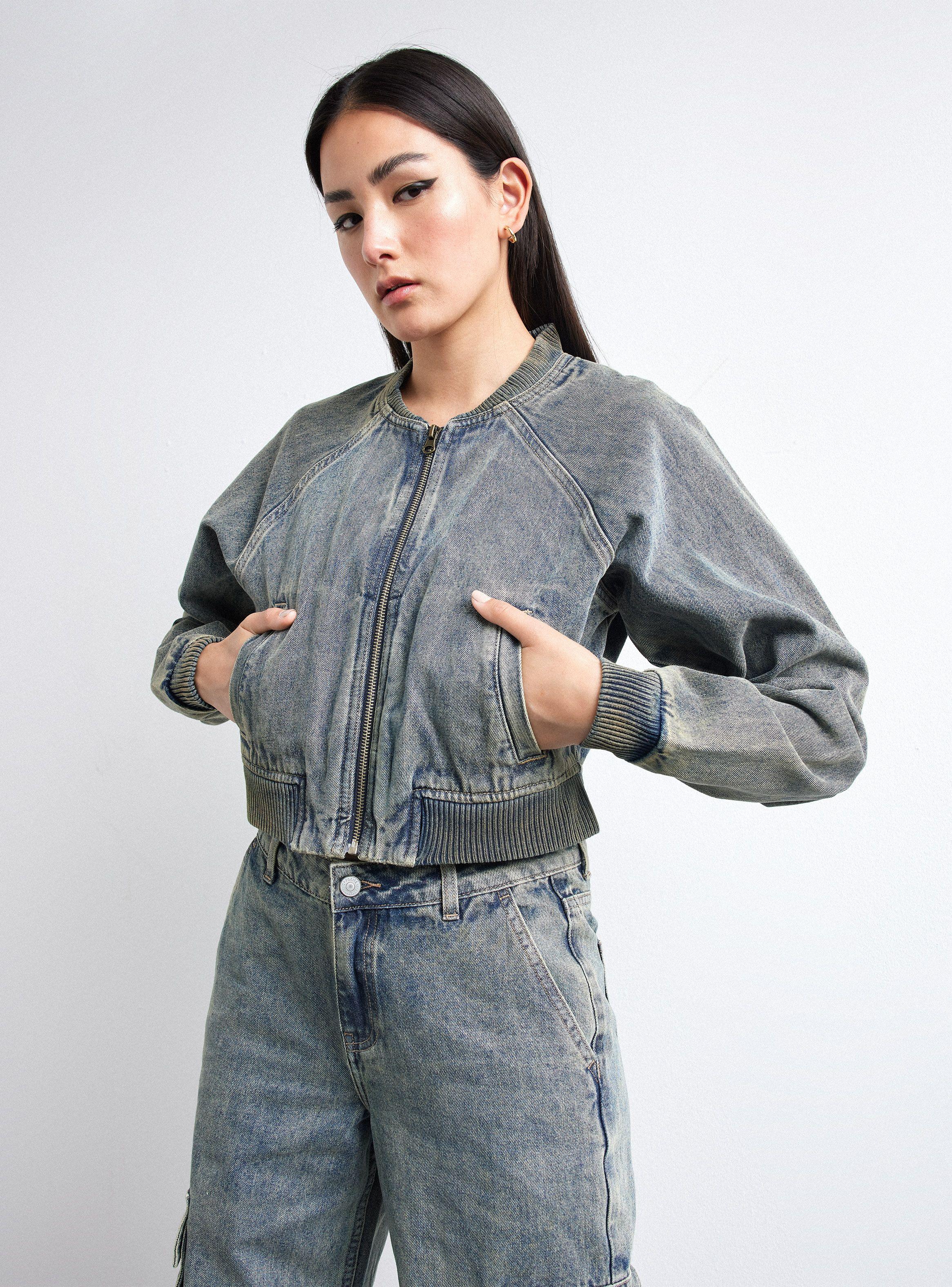 Chaqueta Bomber Crop Pretina Tela De Puño-0