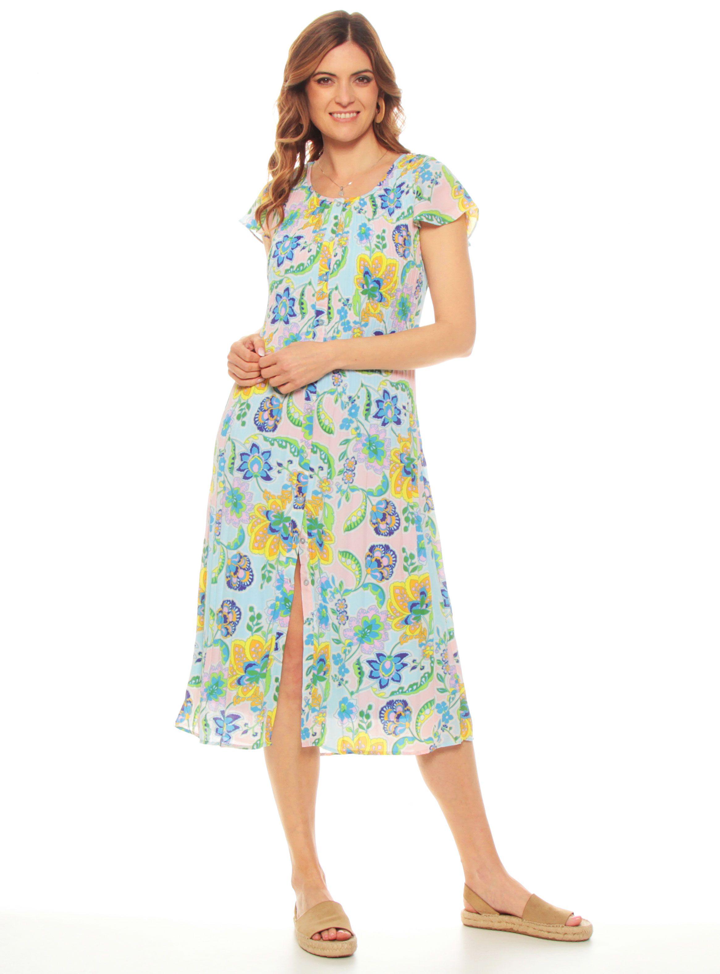 Vestido Plisado Estampado Escote Redondo Abotonado-0