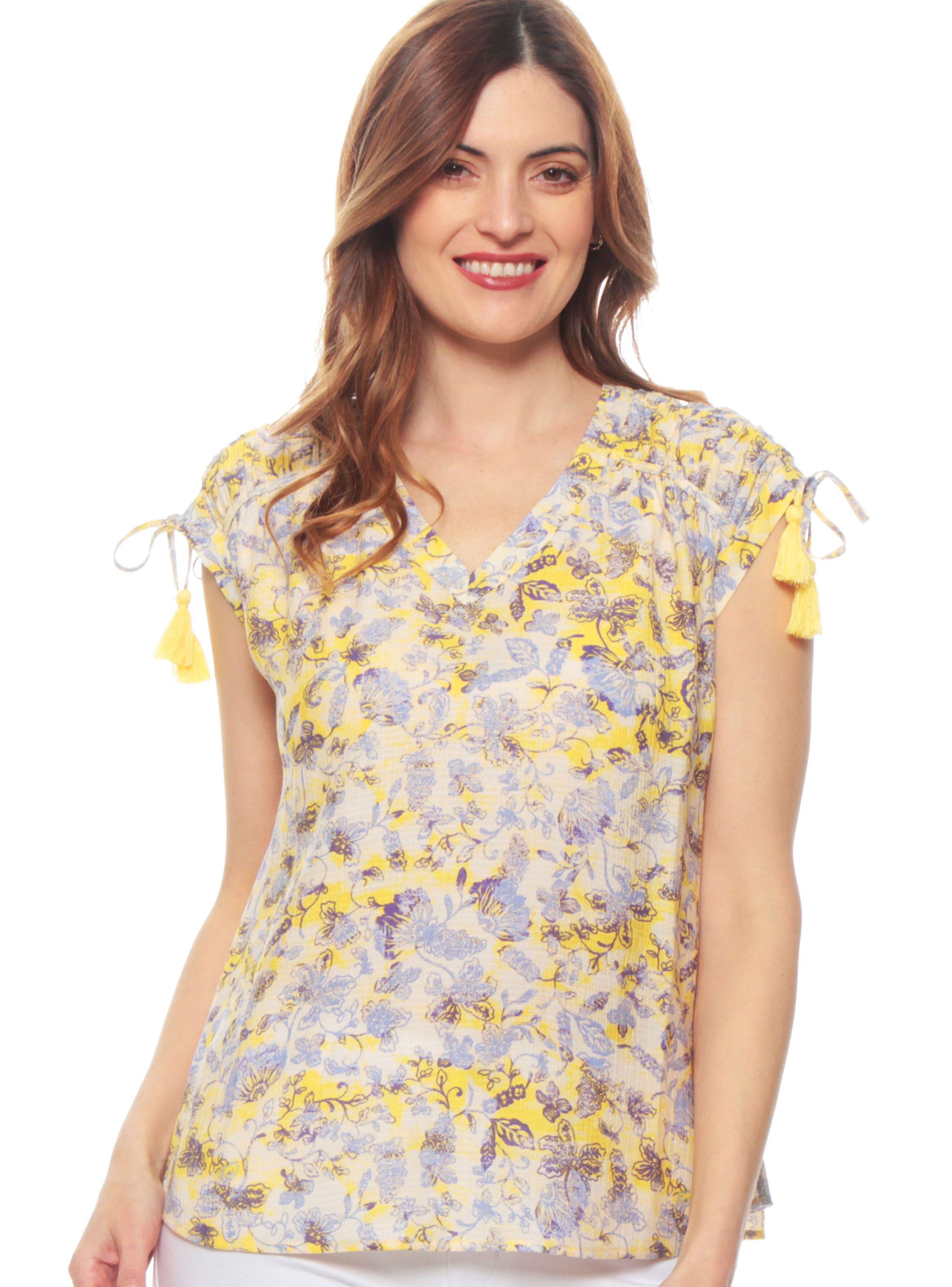 Blusa Sin Manga Estampada Escote V Hombro Ajustable-0