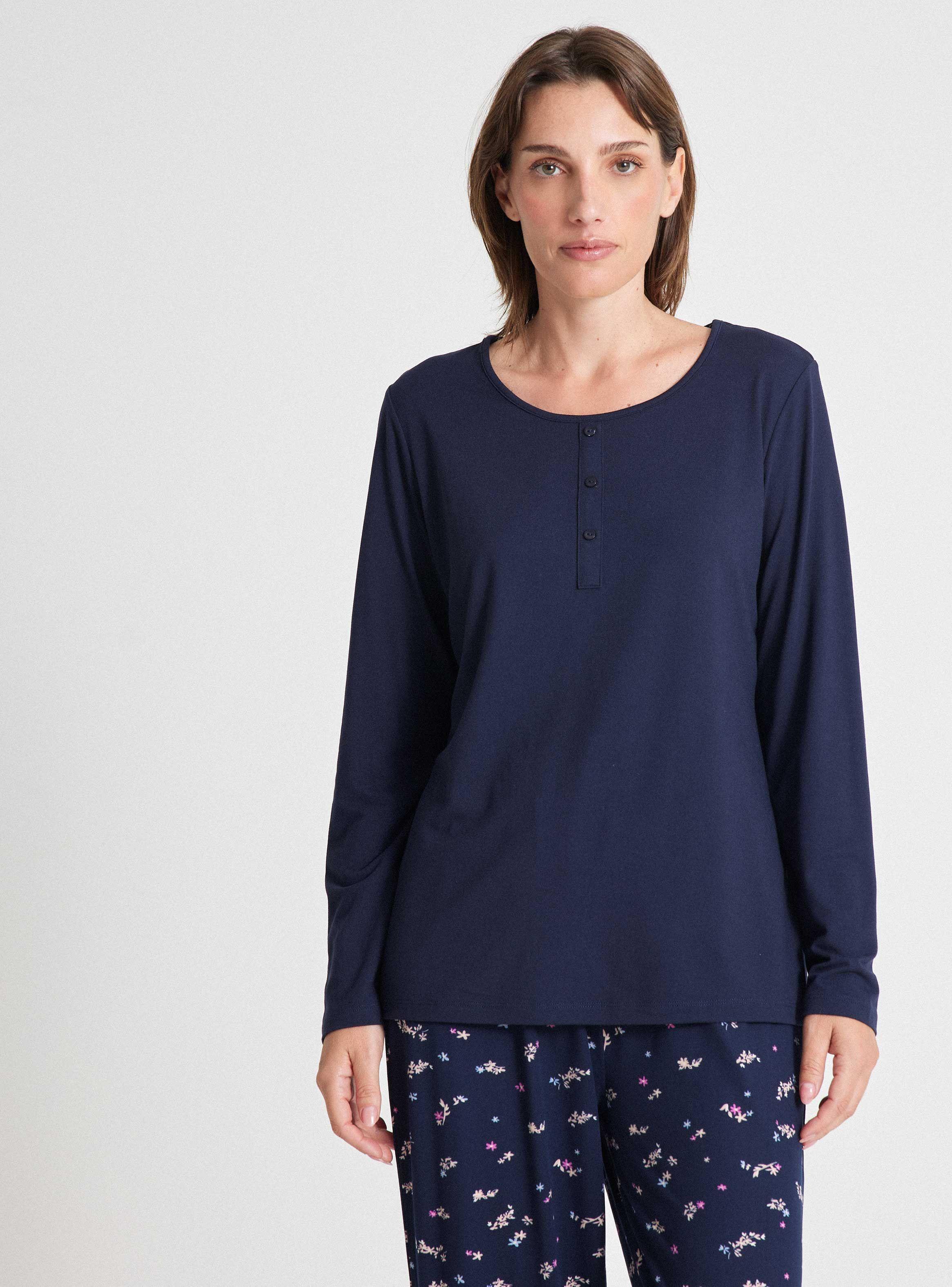 Pijamas Top Solido Botones Pantalón Full Print-0