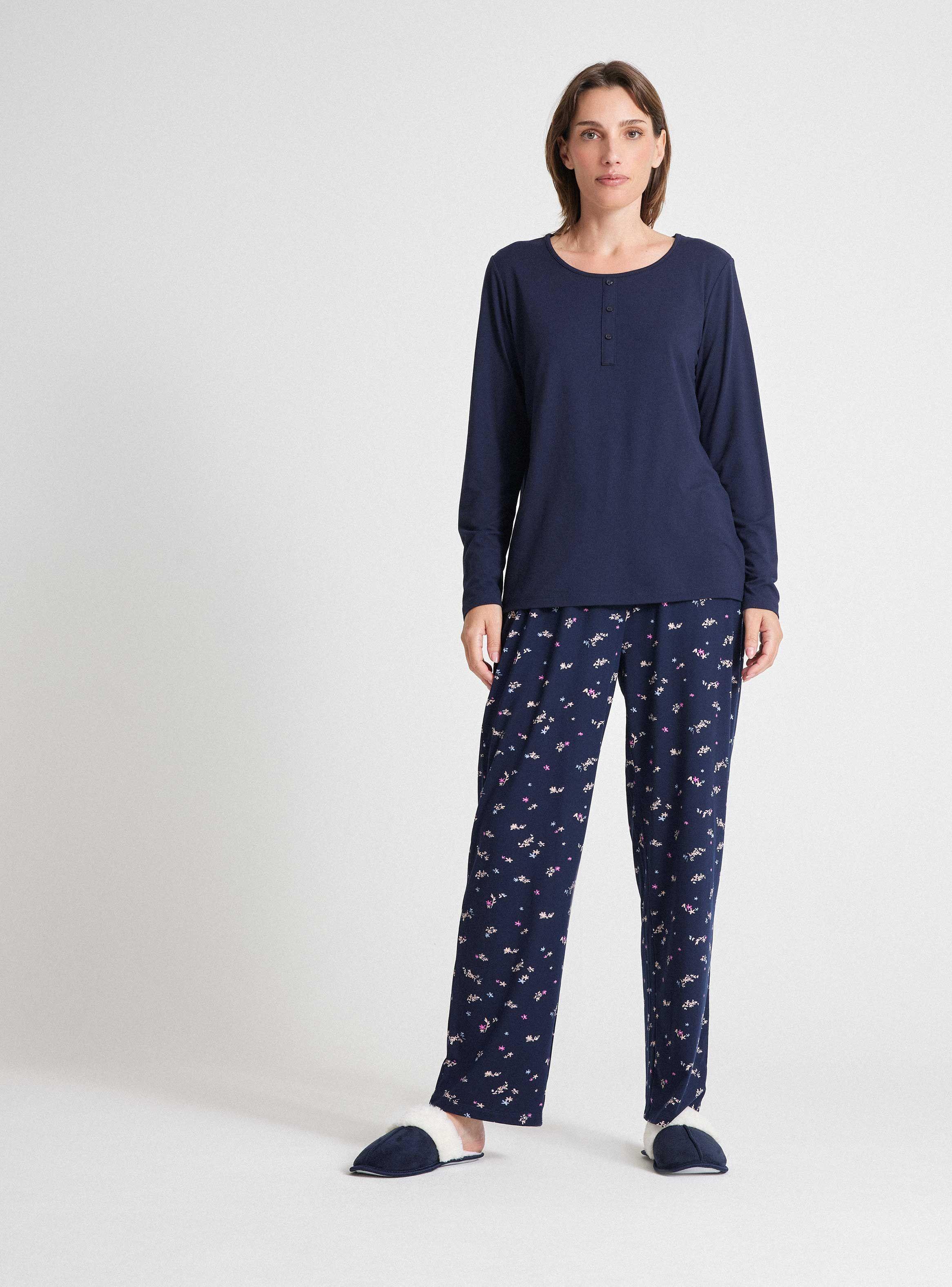 Pijamas Top Solido Botones Pantalón Full Print-4