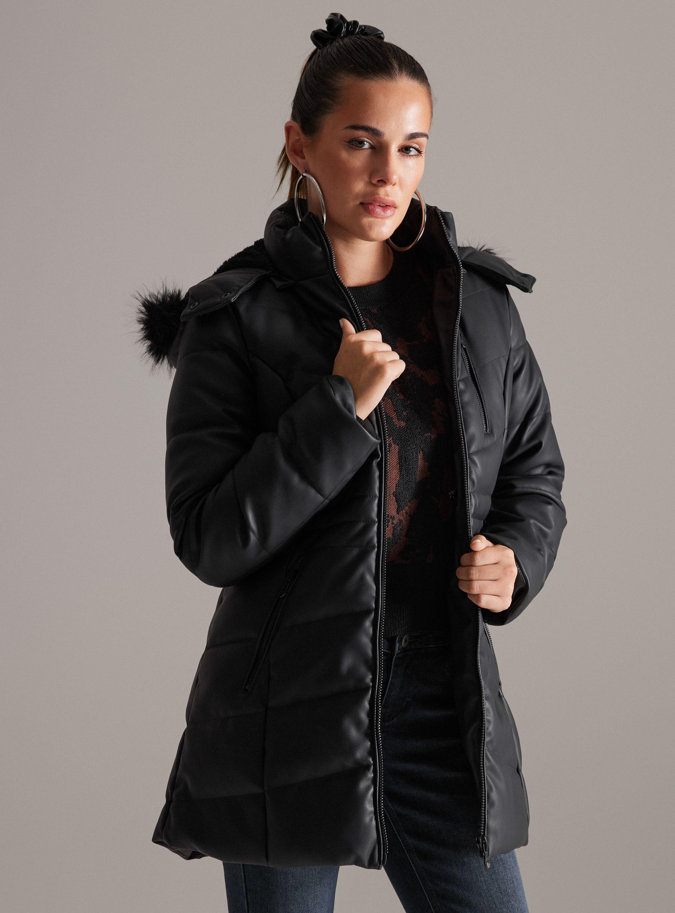 Parka Larga Pu Acolchada Gorro Con Pelo-0