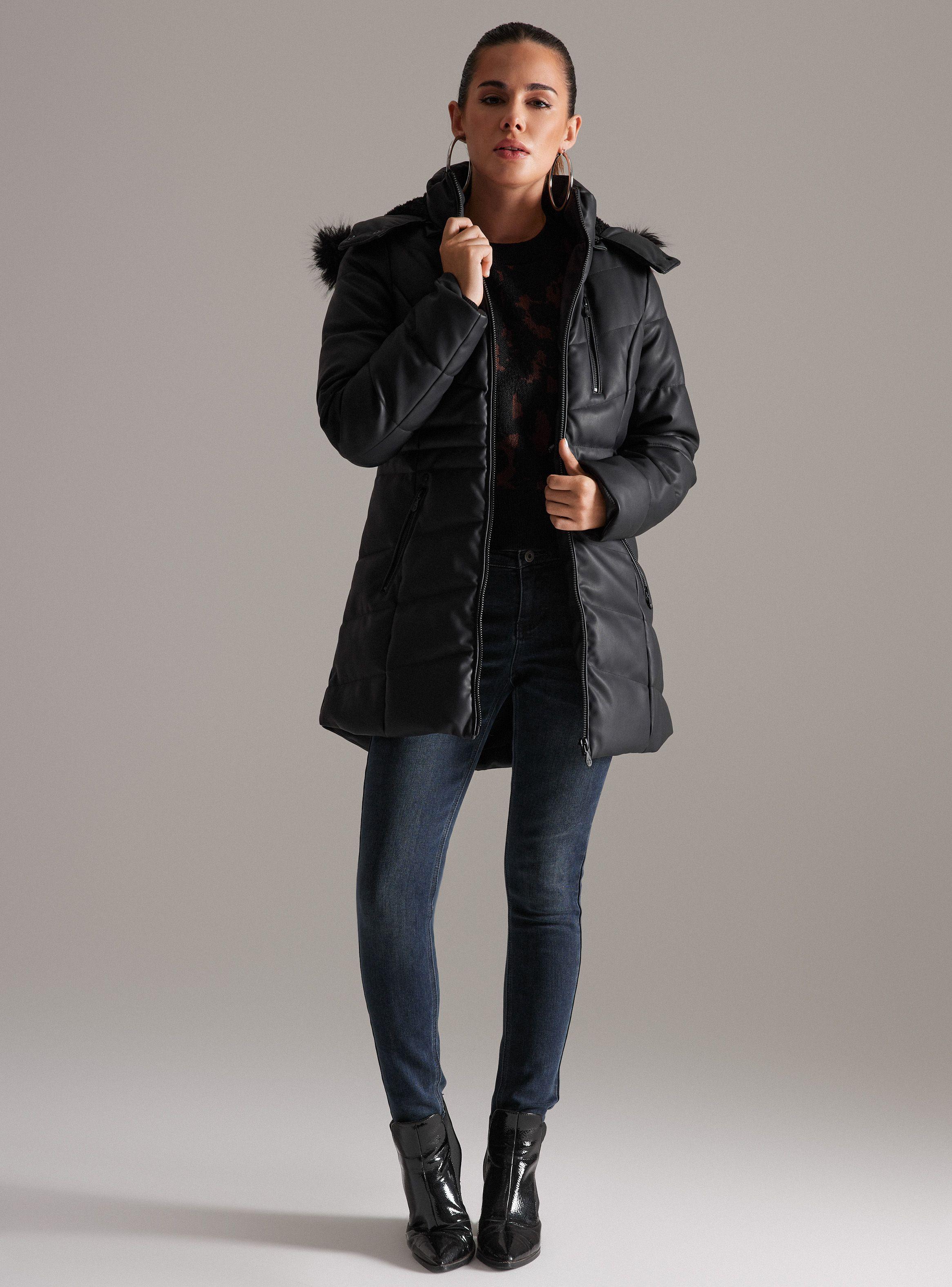 Parka Larga Pu Acolchada Gorro Con Pelo-4