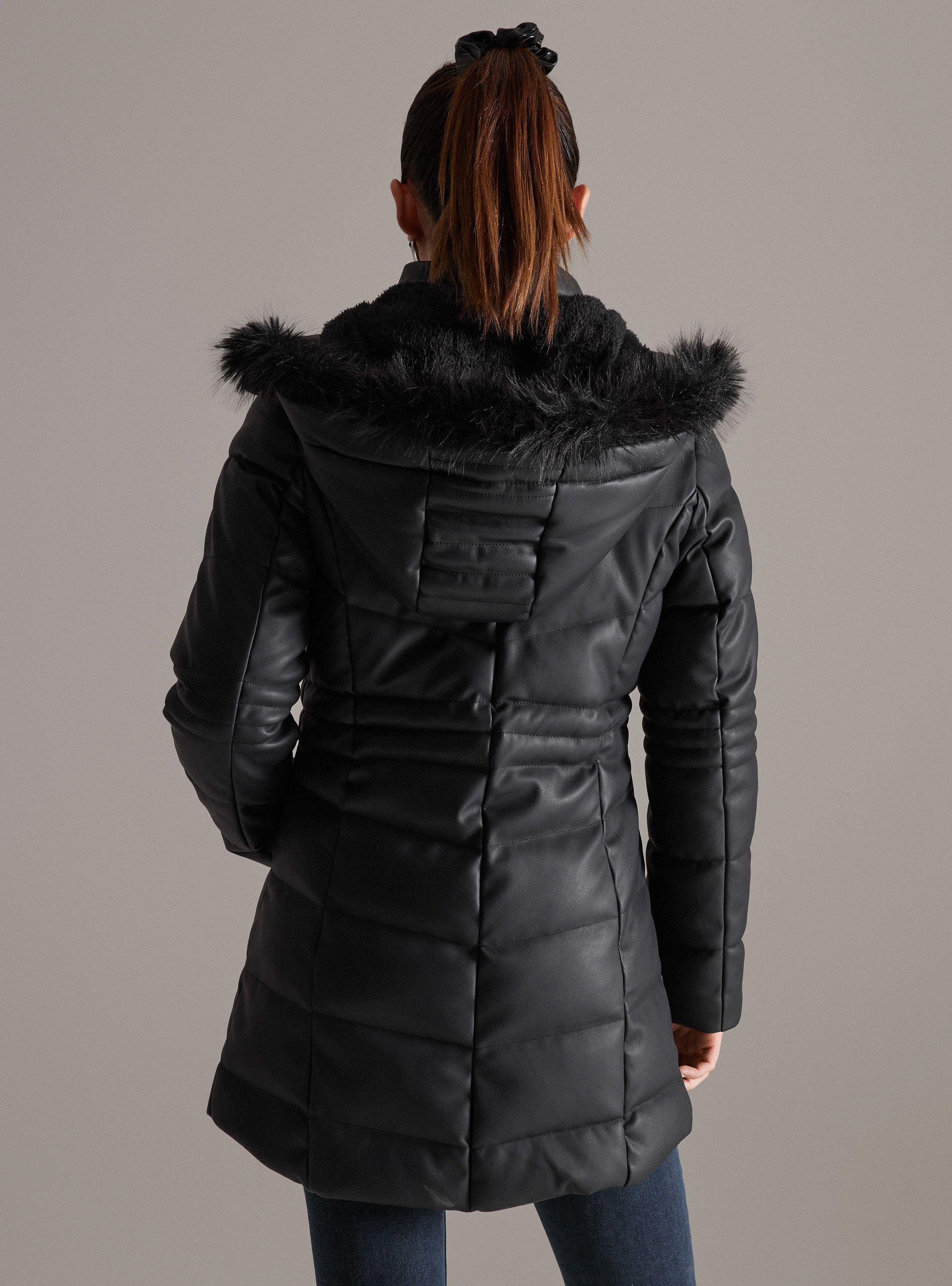 Parka Larga Pu Acolchada Gorro Con Pelo-1