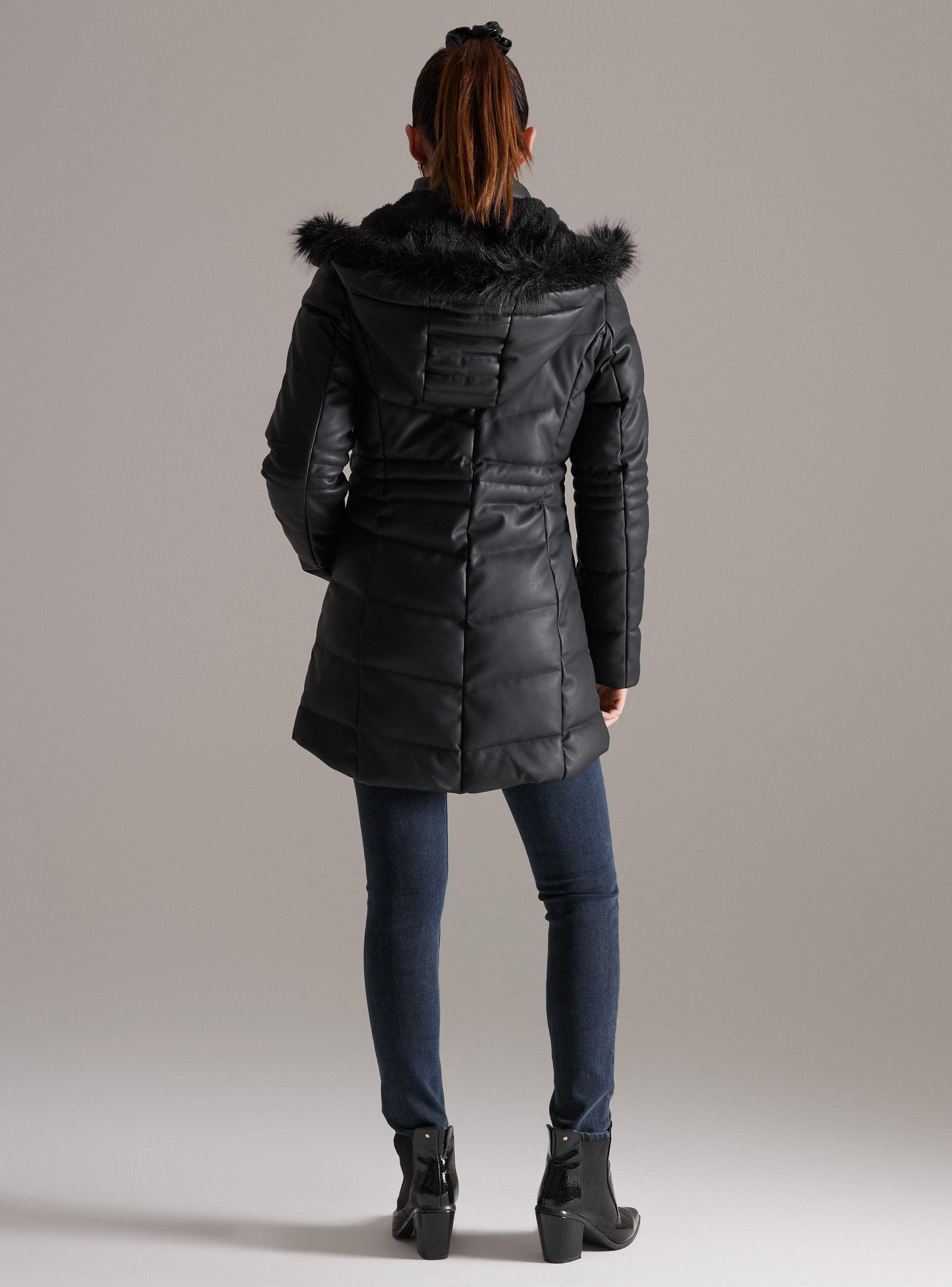 Parka Larga Pu Acolchada Gorro Con Pelo-5