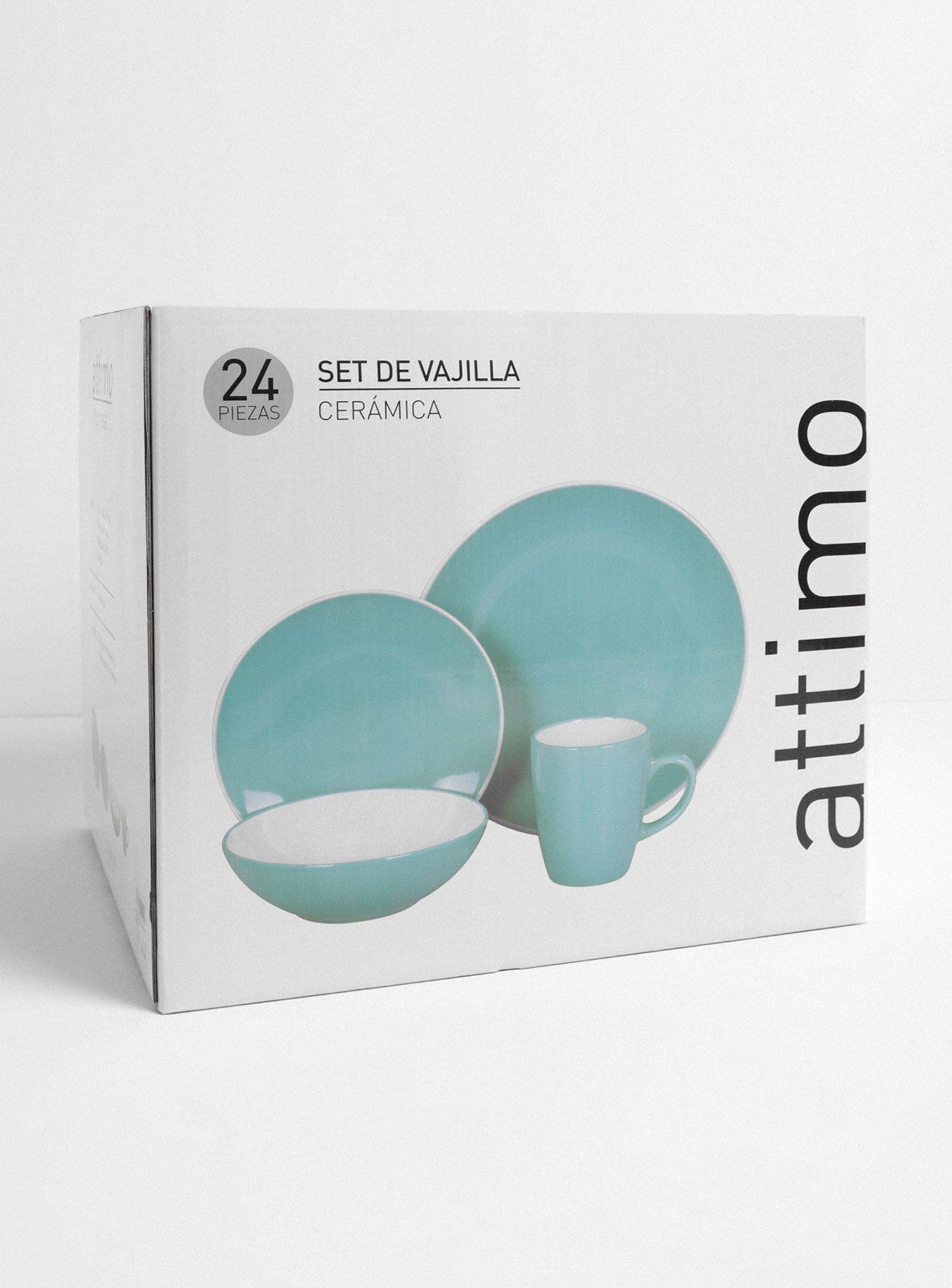 Set Vajilla 24 Piezas Turquesa Blanco Cerámica-3