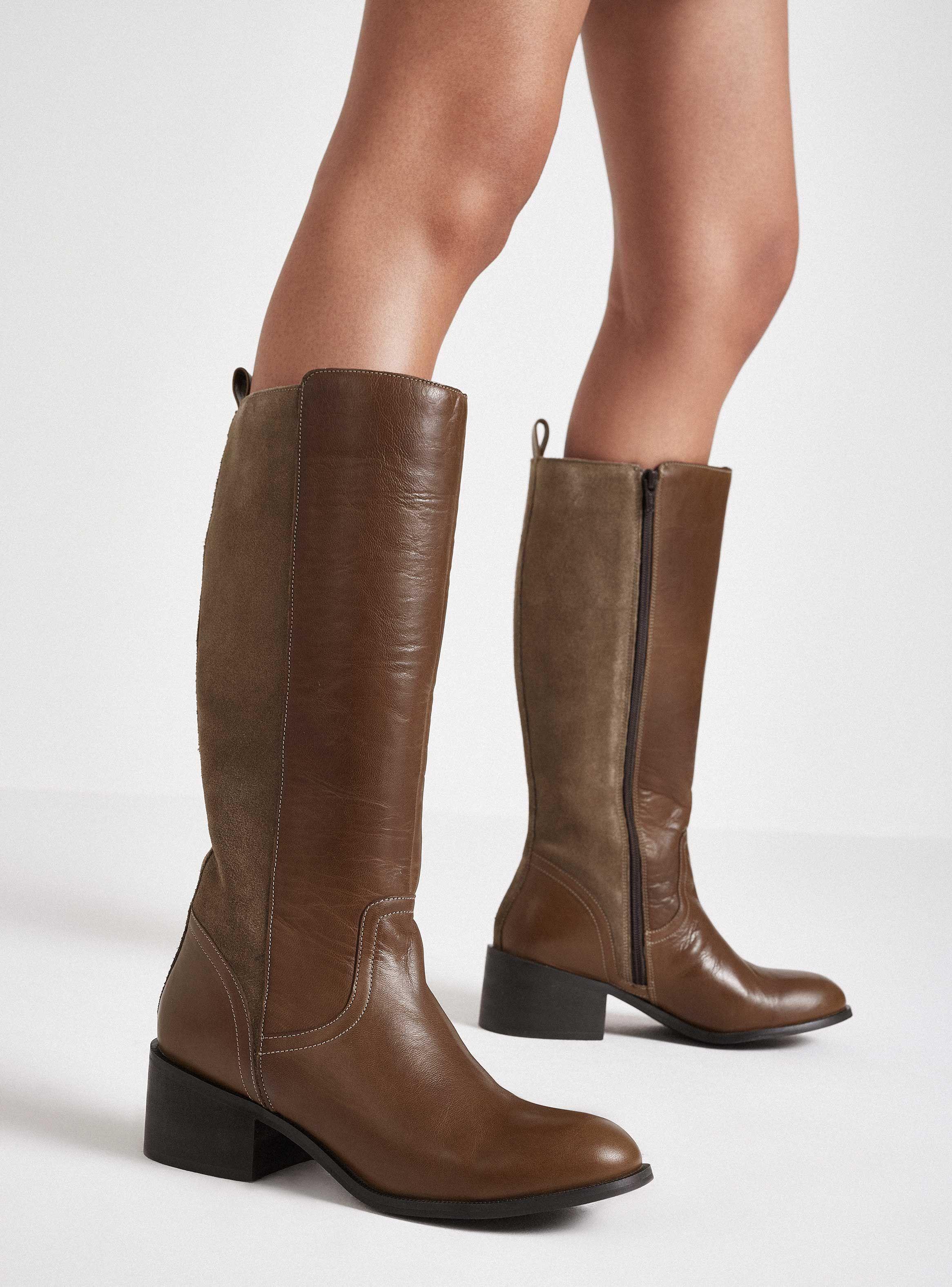 Bota de Cuero Alta con Gamuza  Parte Posterior Mujer-0