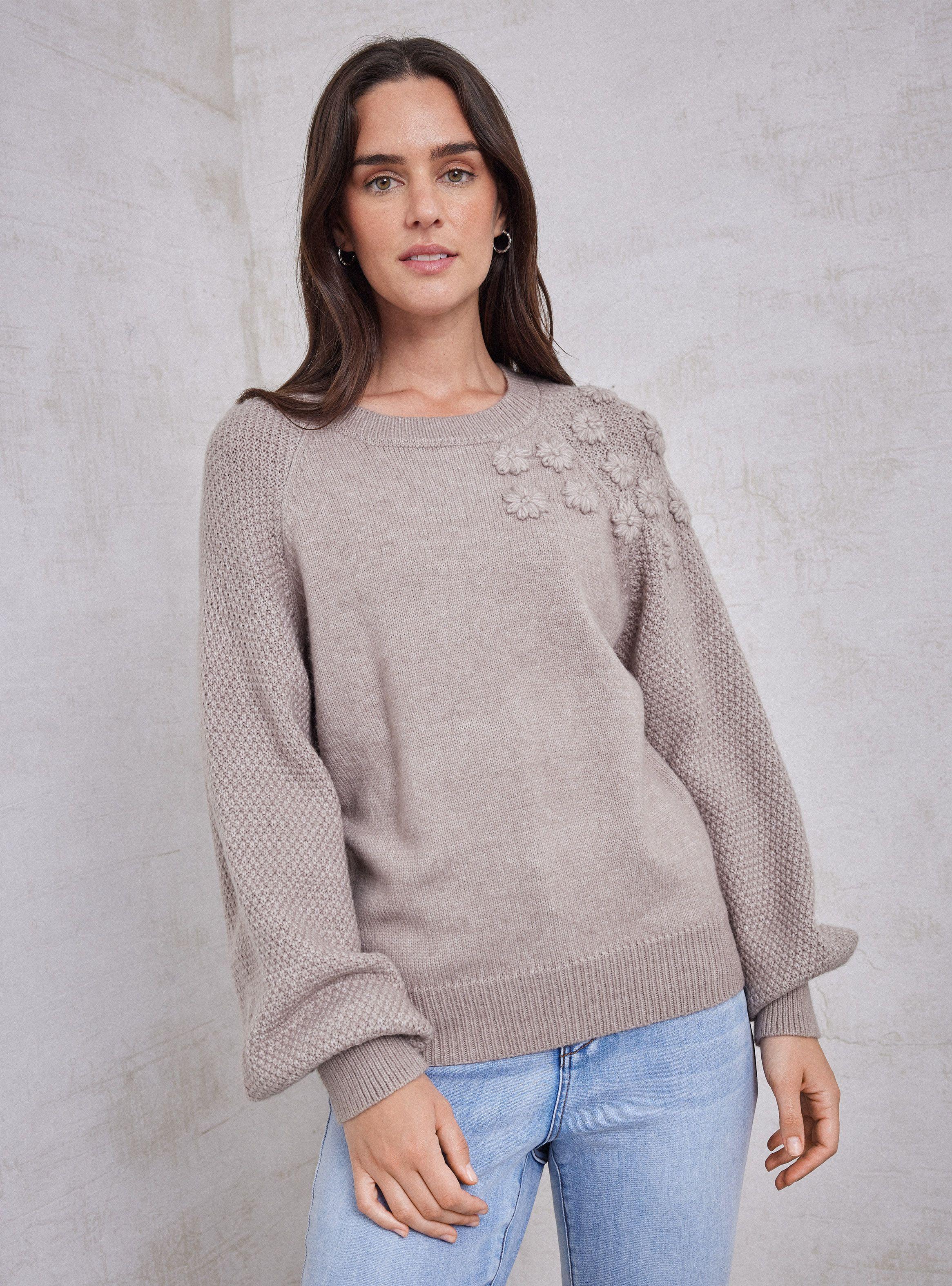 Sweater Aplicación De Flores Y Tejido Bicolor-0