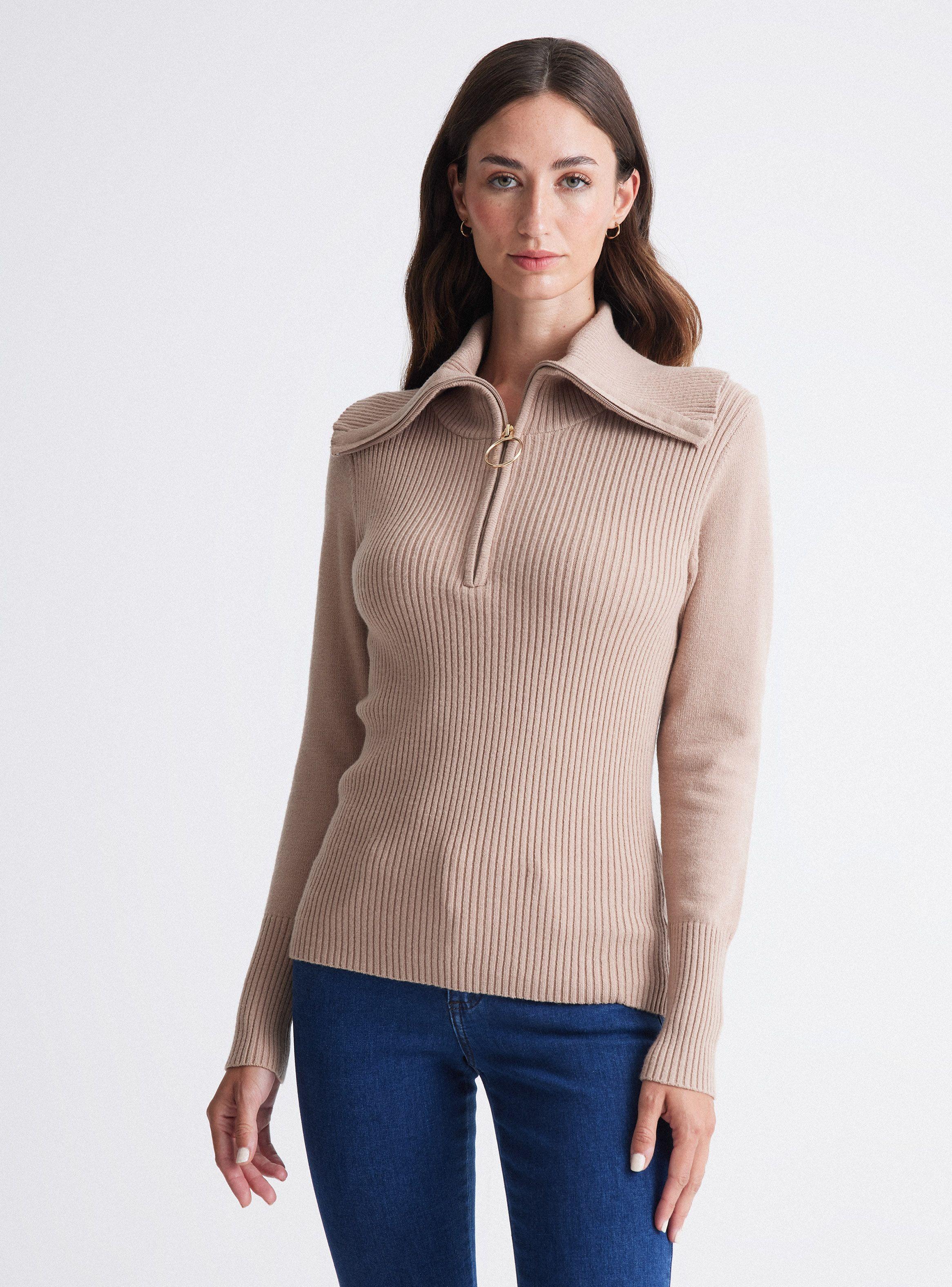 Sweater Acanalado Cuello Alto Y Cierre-0