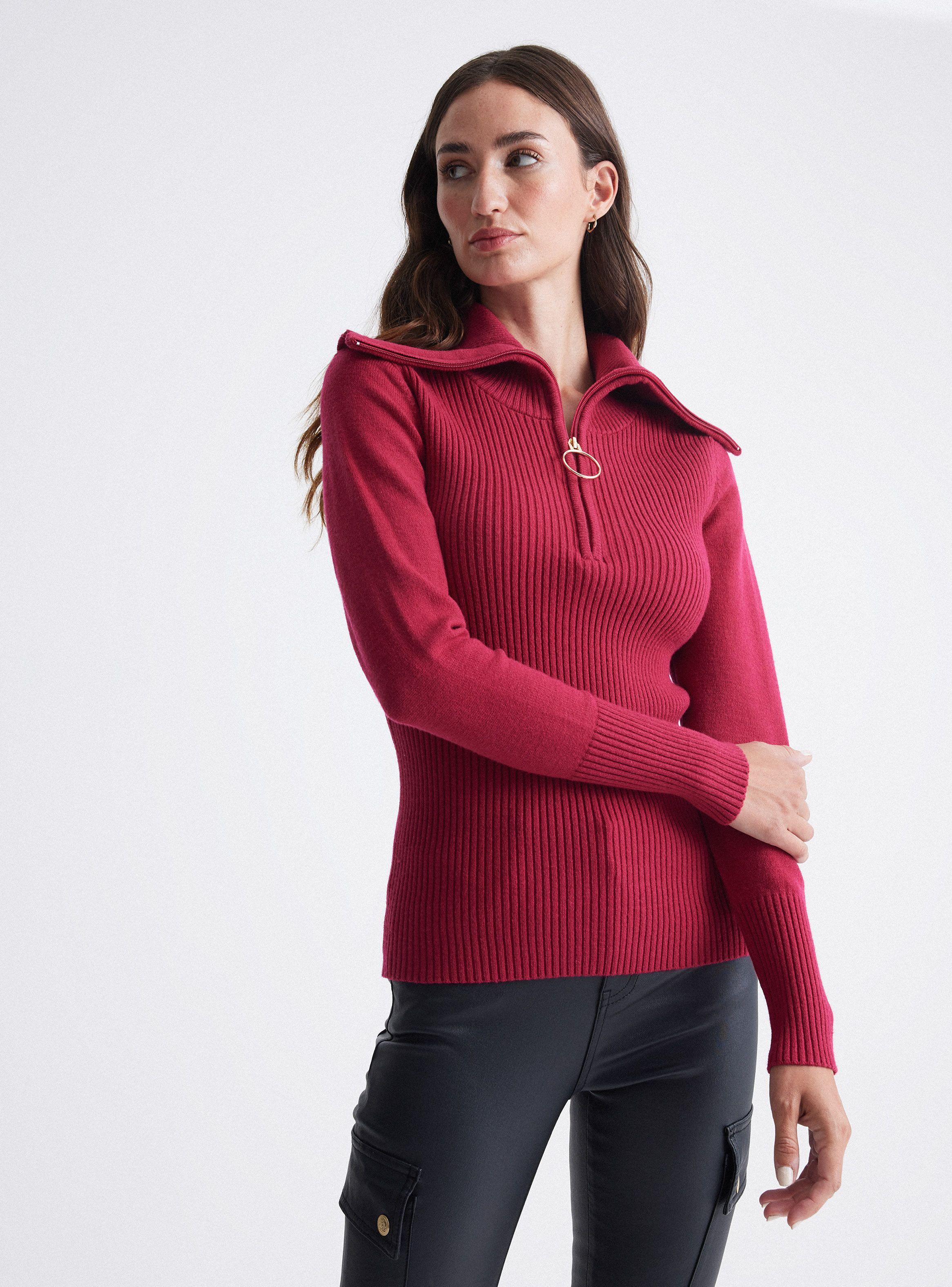 Sweater Acanalado Cuello Alto Y Cierre-0