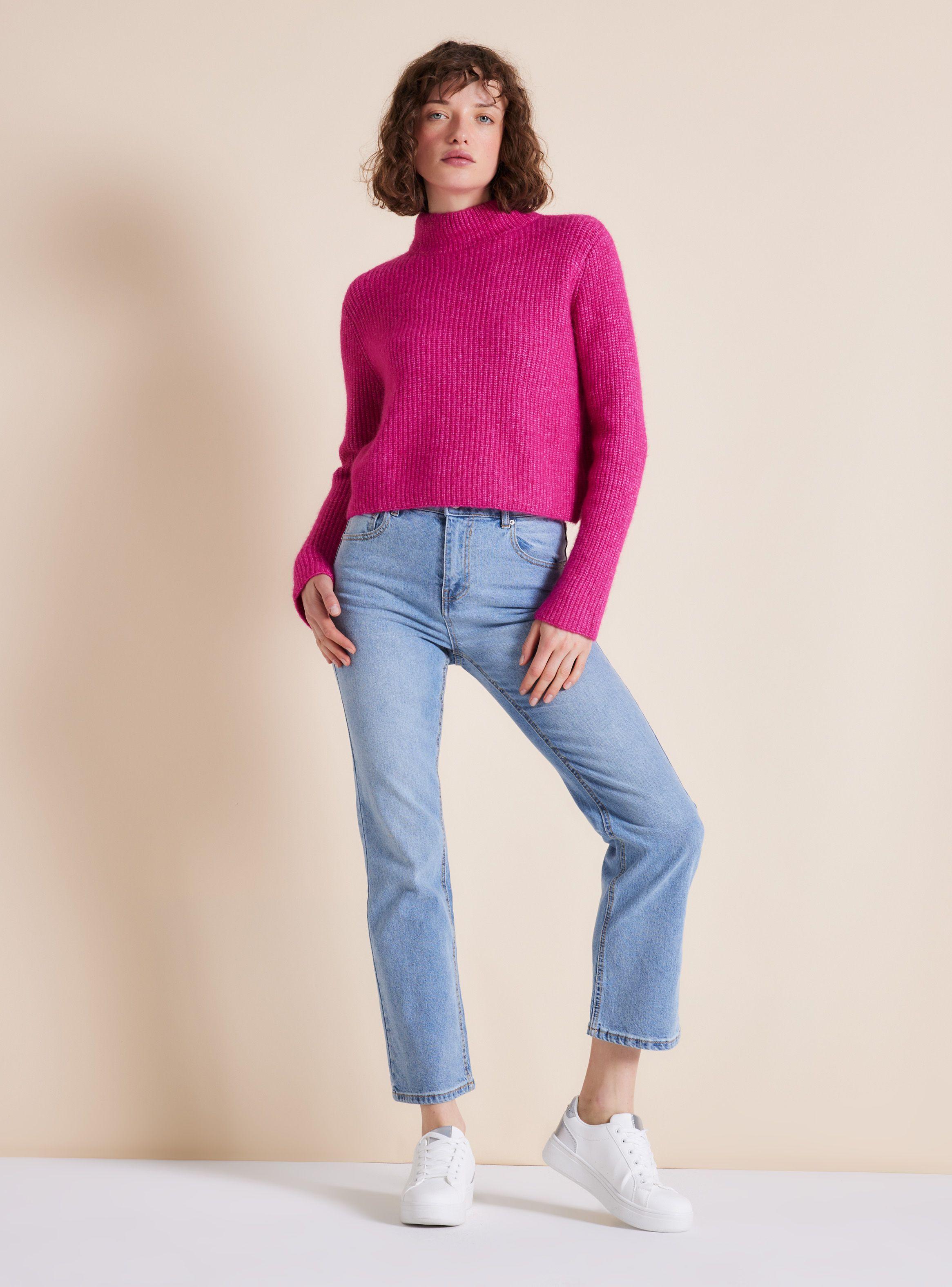 Sweater Corto Cuello Alto Tejido Acanalado-4