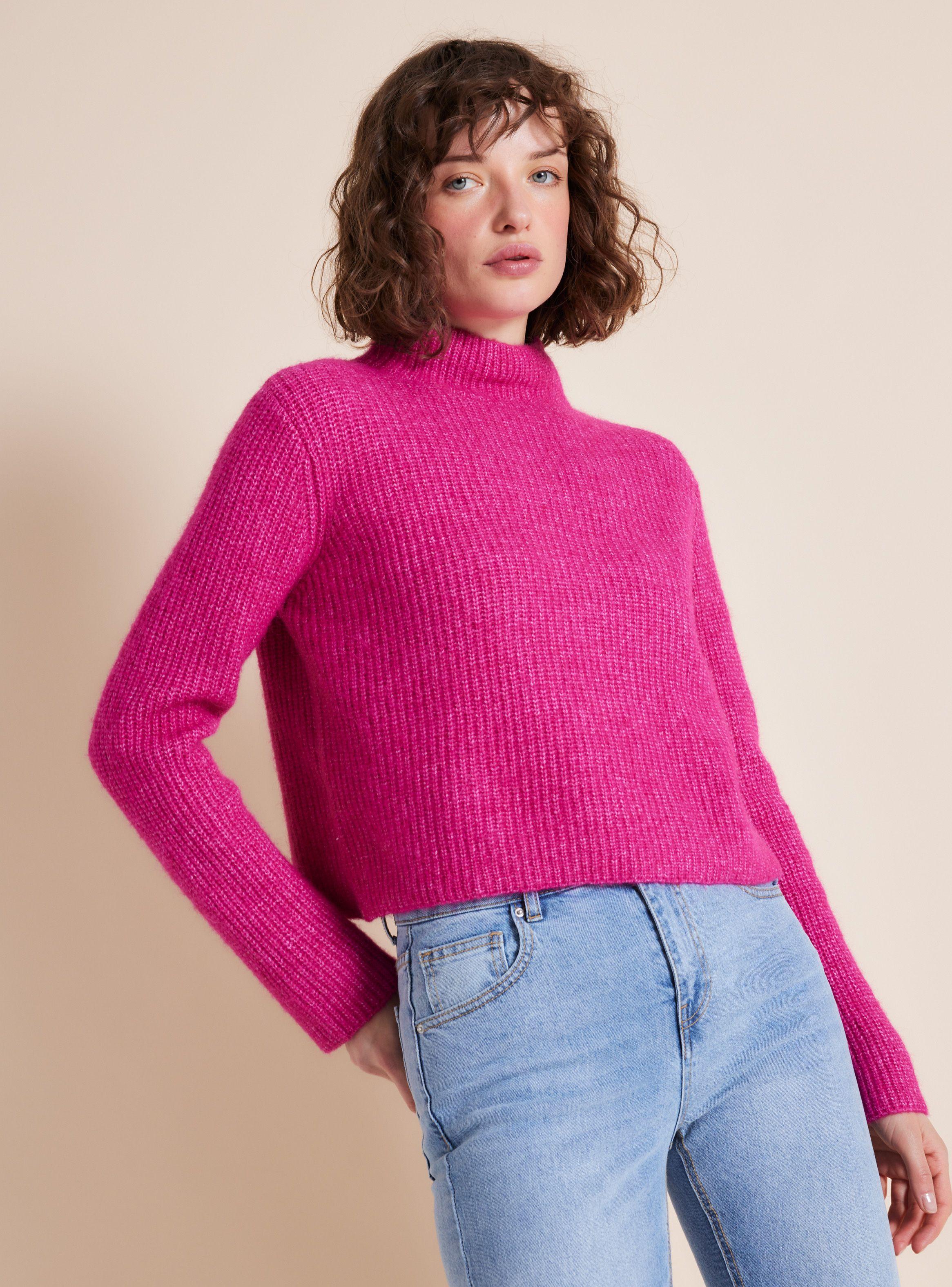 Sweater Corto Cuello Alto Tejido Acanalado-0
