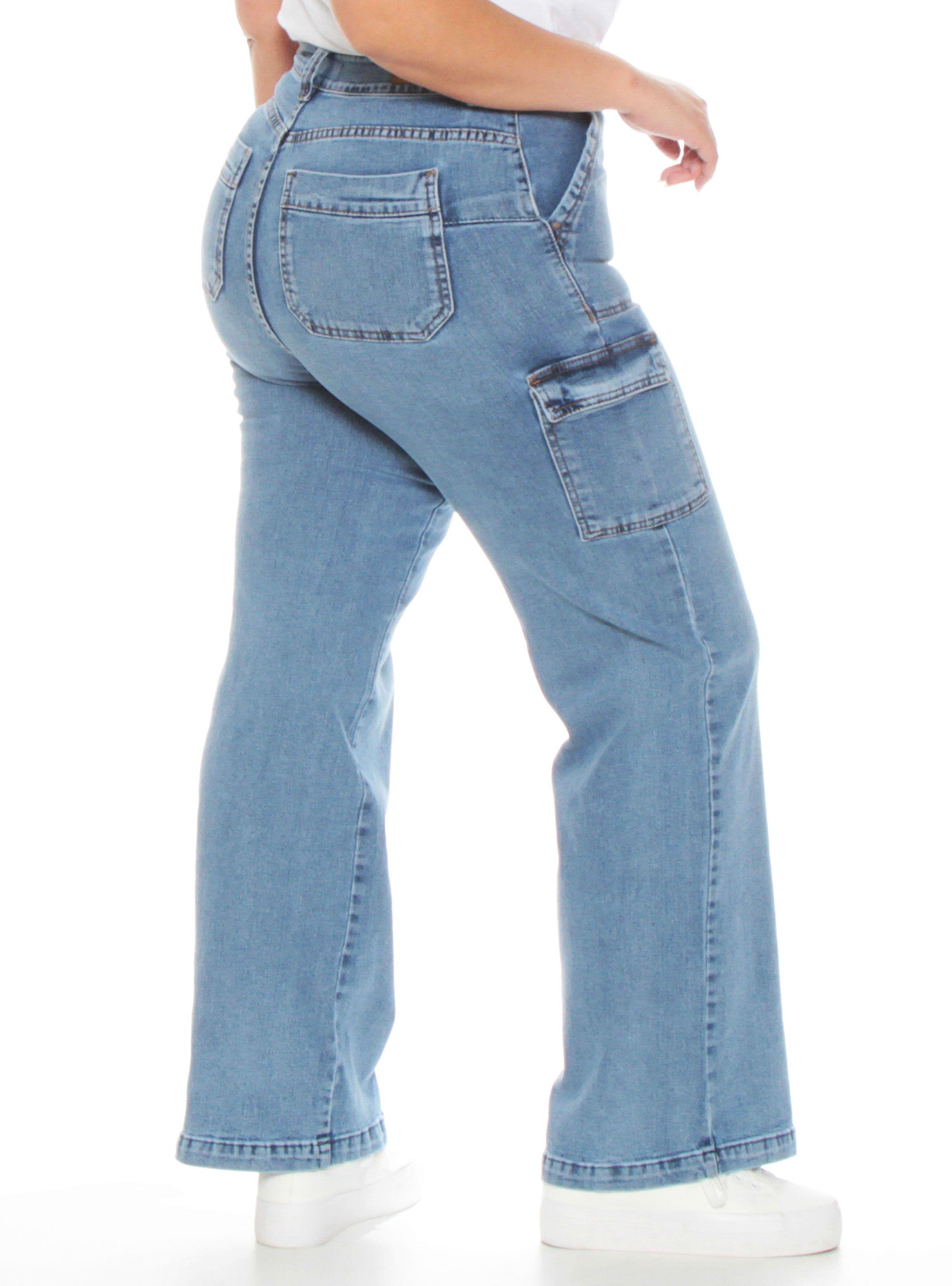 Jeans Recto Cargo Tiro Alto Push Up Pretina Básica Un Botón-1