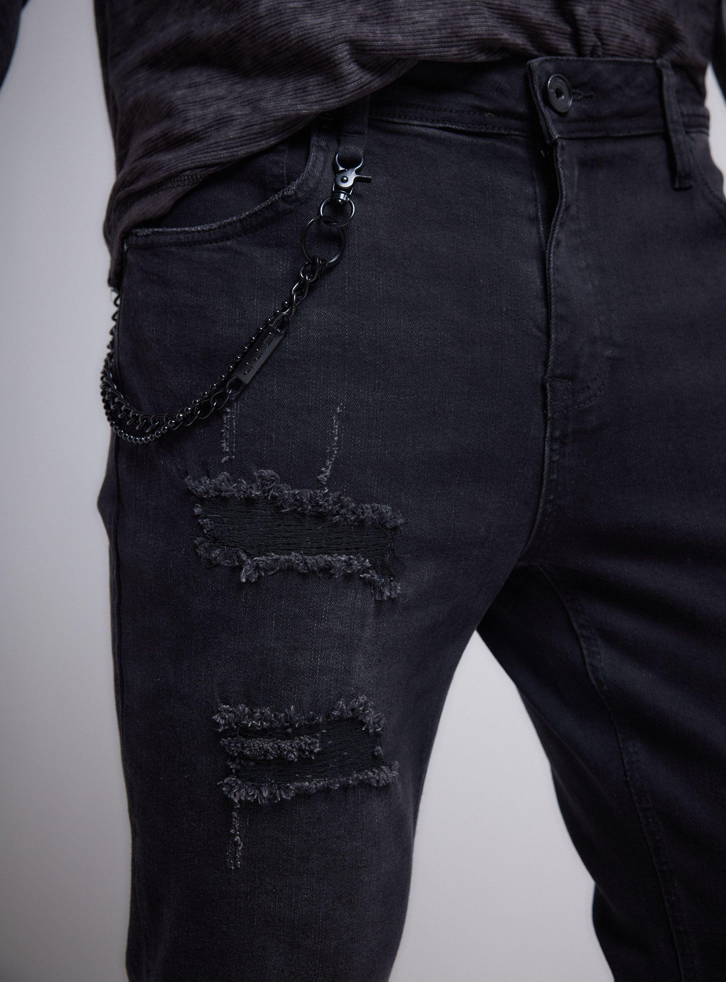 Jeans Gastado Roturas Zigzag y Doble Cadena-2