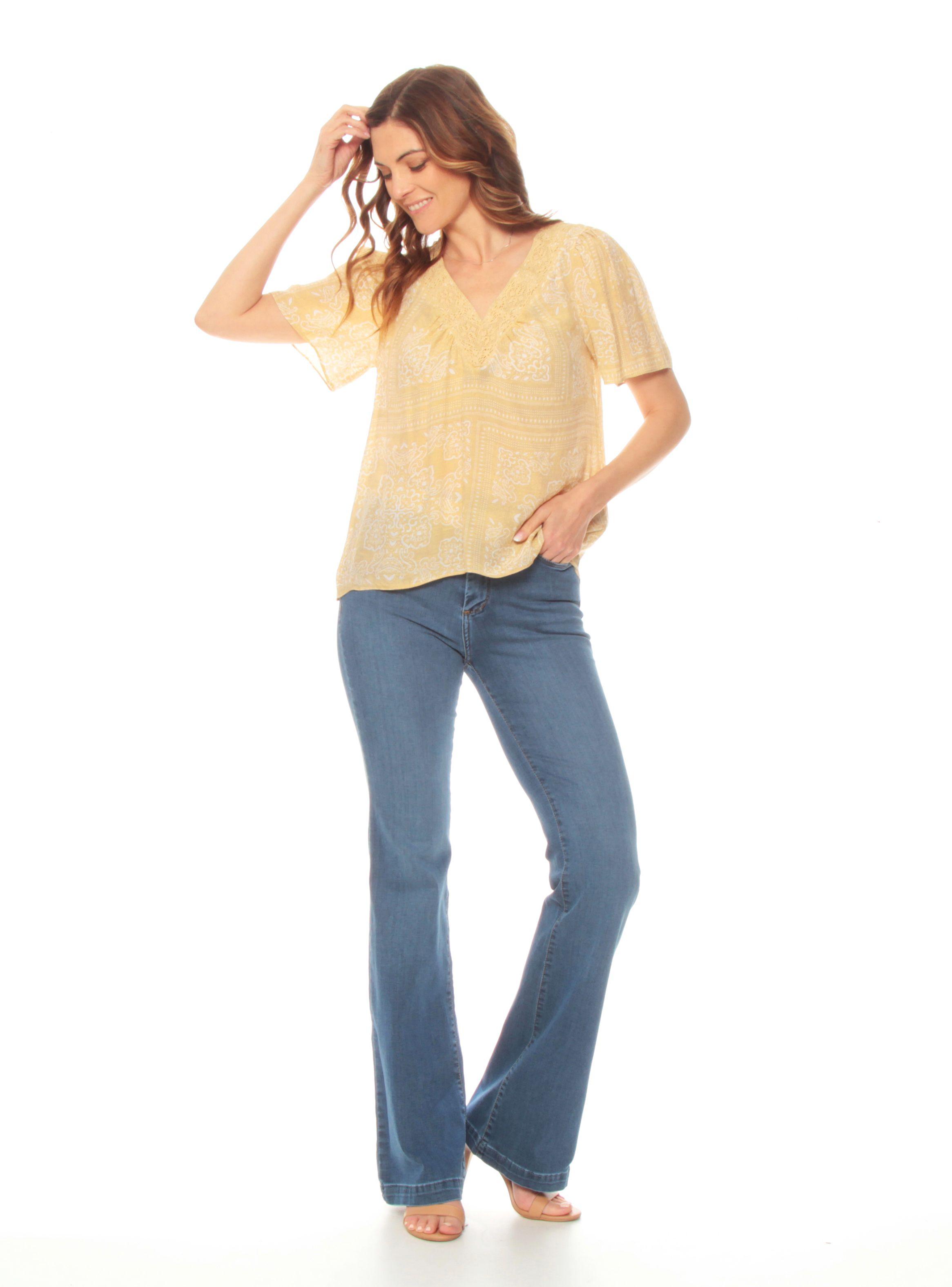 Blusa Manga Corta Estampada Escote V Broderie-4