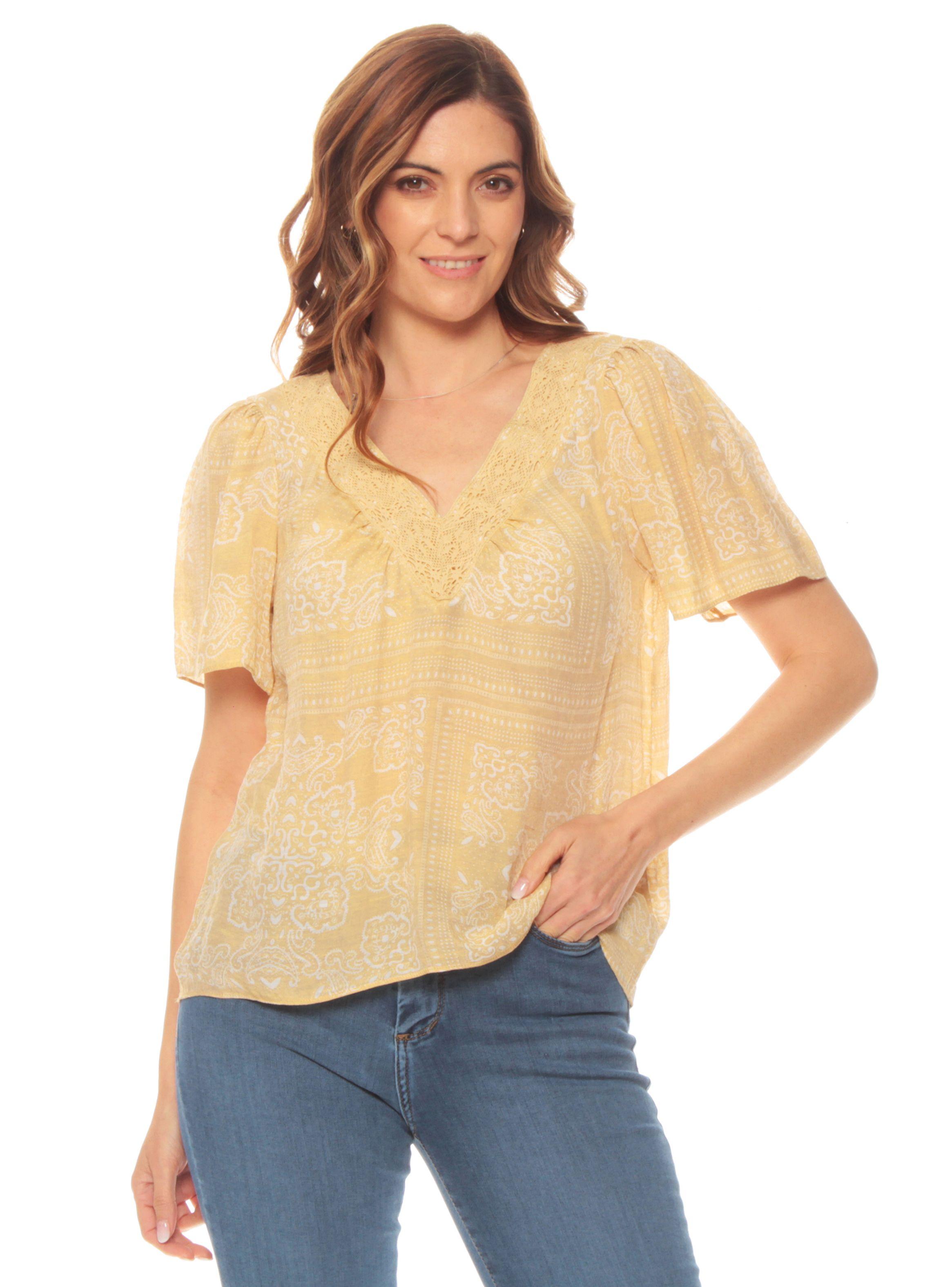 Blusa Manga Corta Estampada Escote V Broderie-0