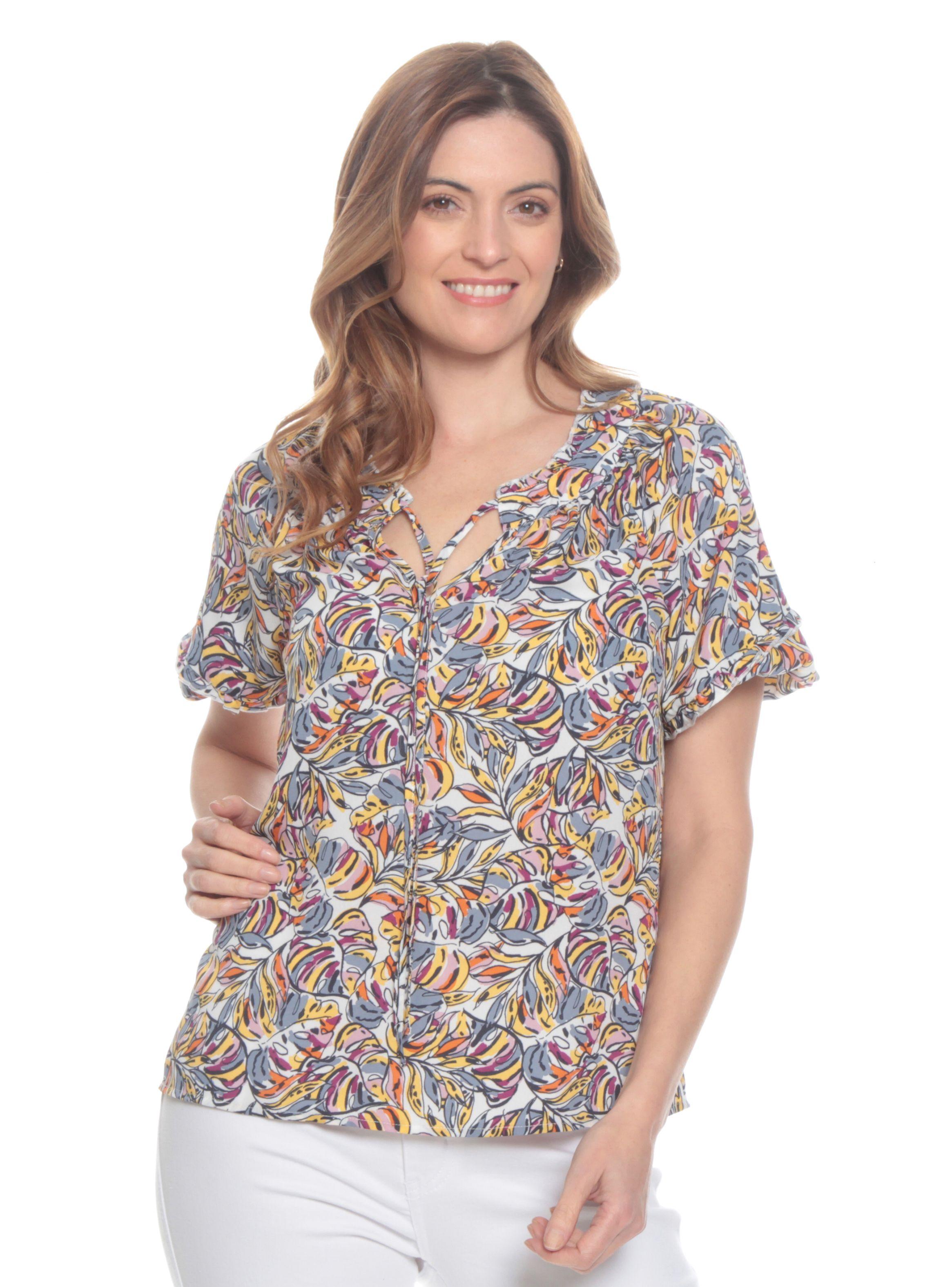 Blusa Manga Corta Con Elástico Estampada Con Pabilo-0