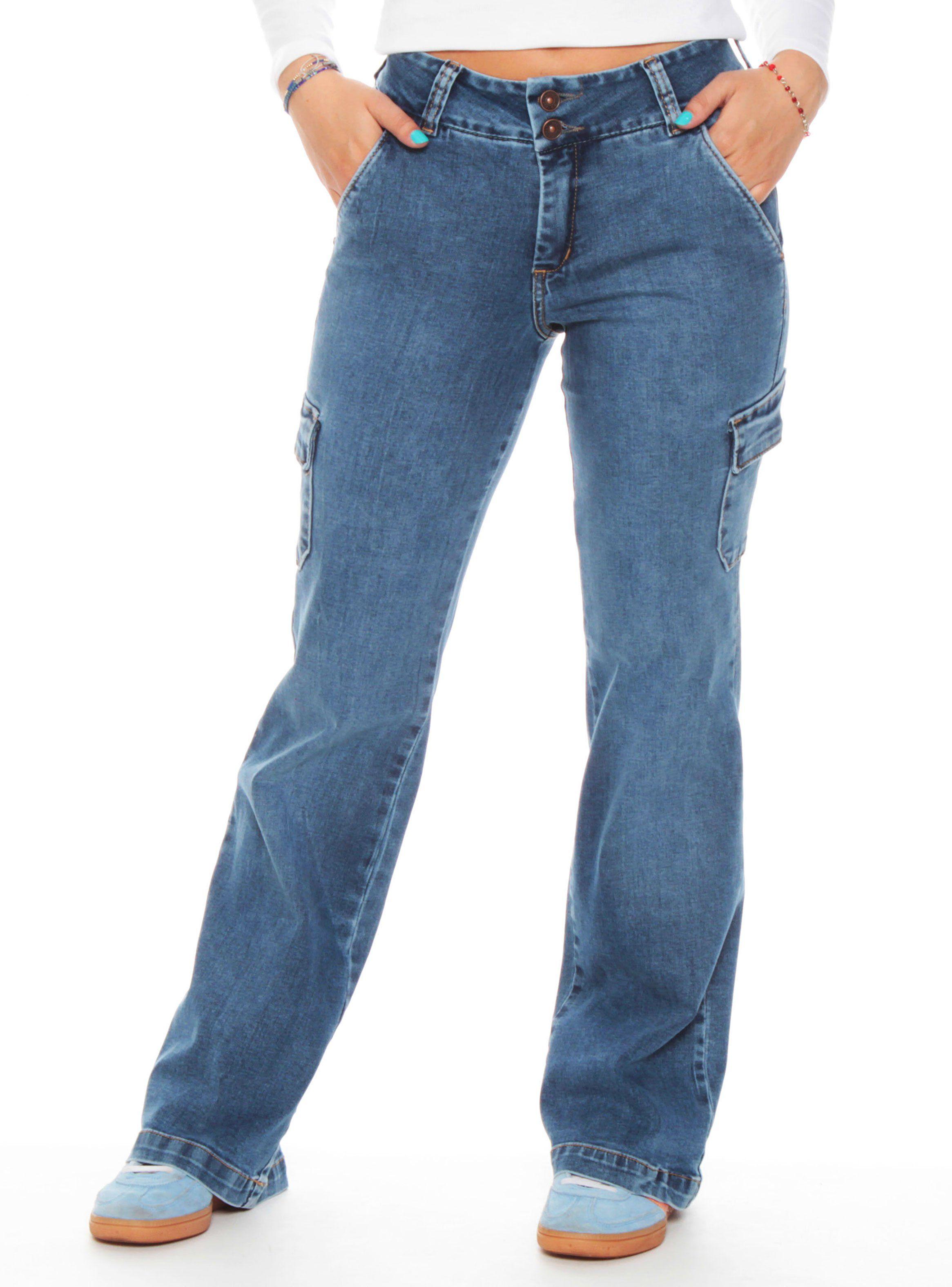 Jeans Flare Cargo Tiro Alto Push Up Bolsillo Argentino-0