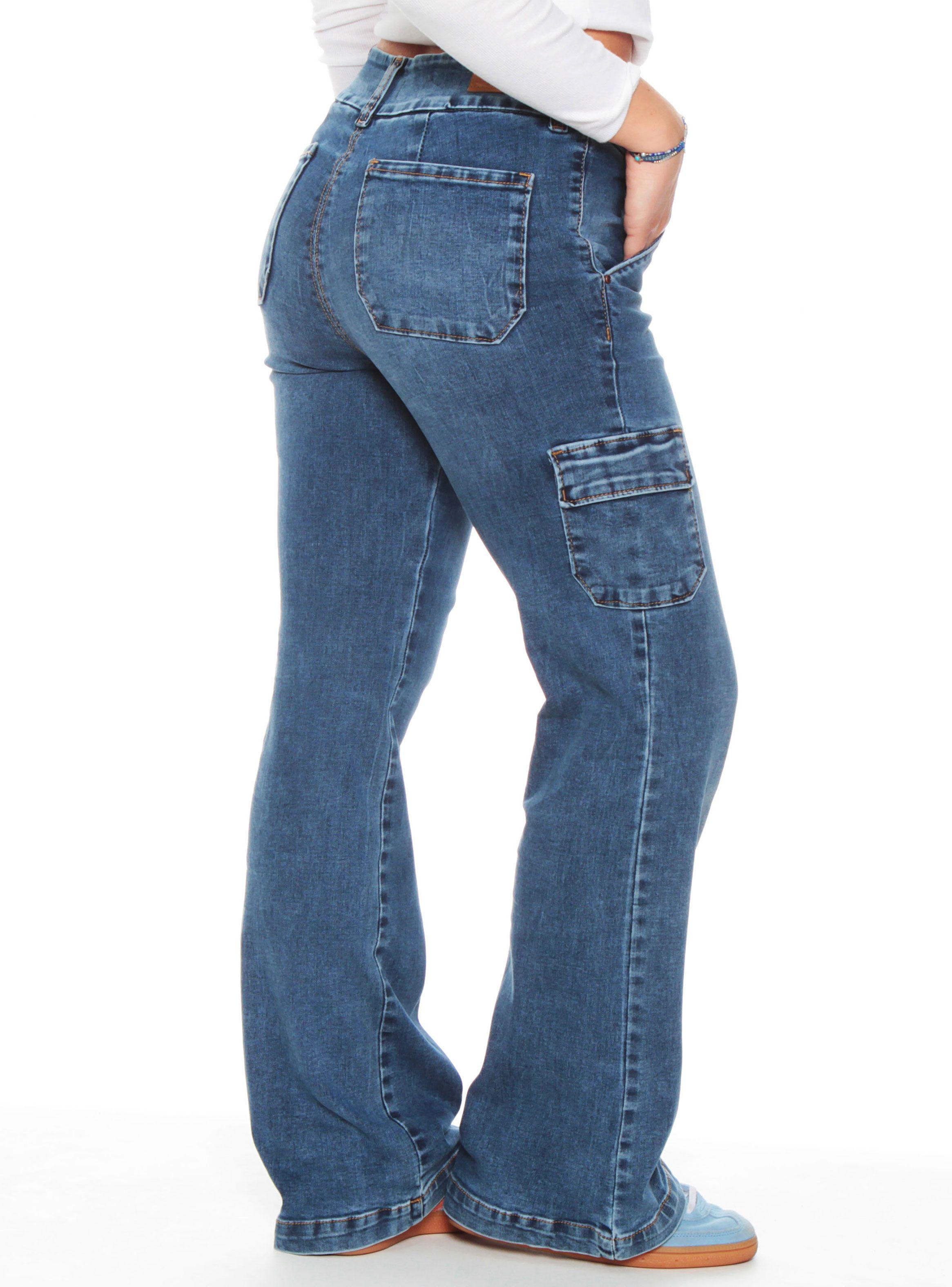 Jeans Flare Cargo Tiro Alto Push Up Bolsillo Argentino-1