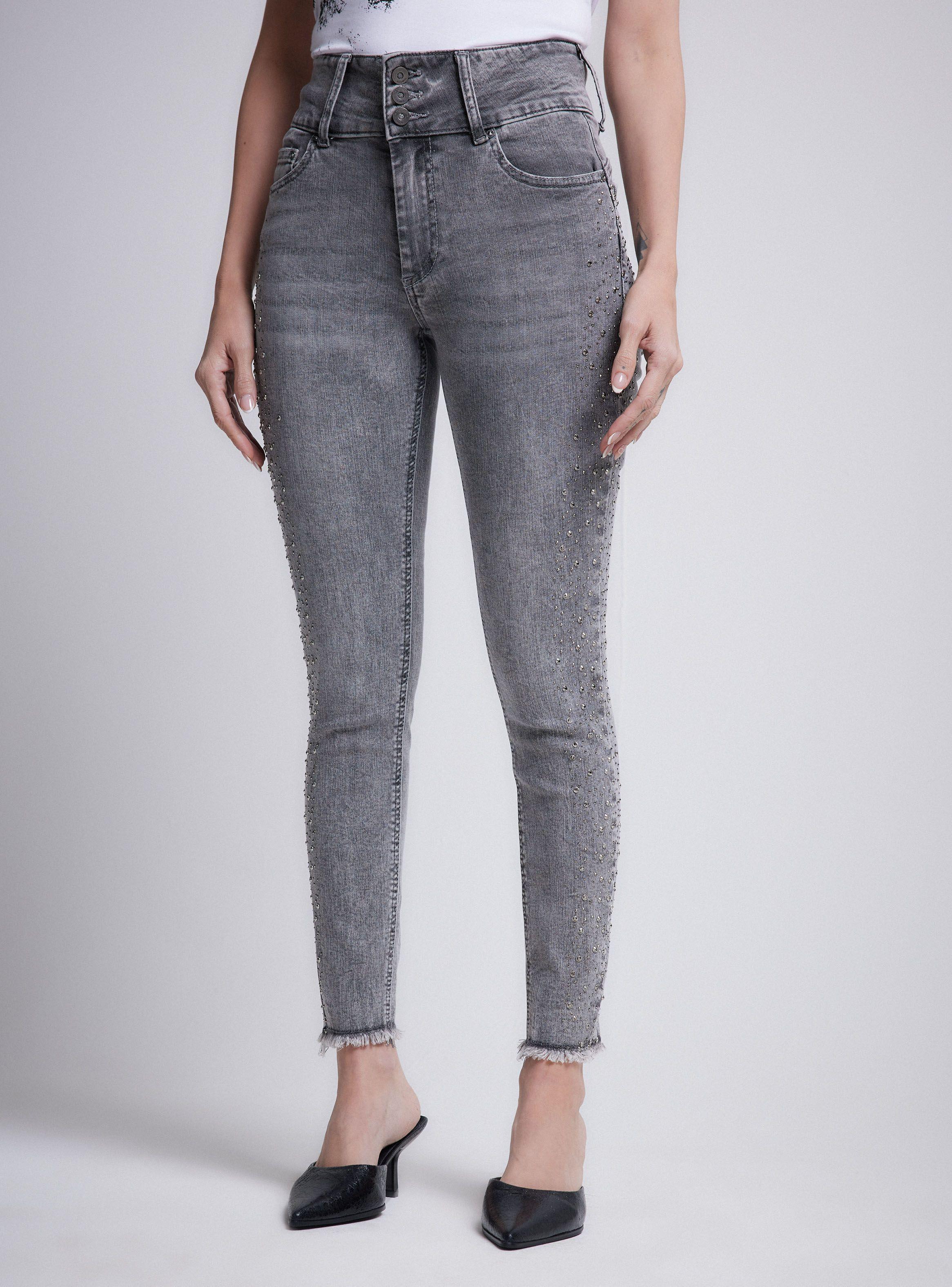 Jeans Gris 3 Botones Aplicaciones Strass en Costado-0