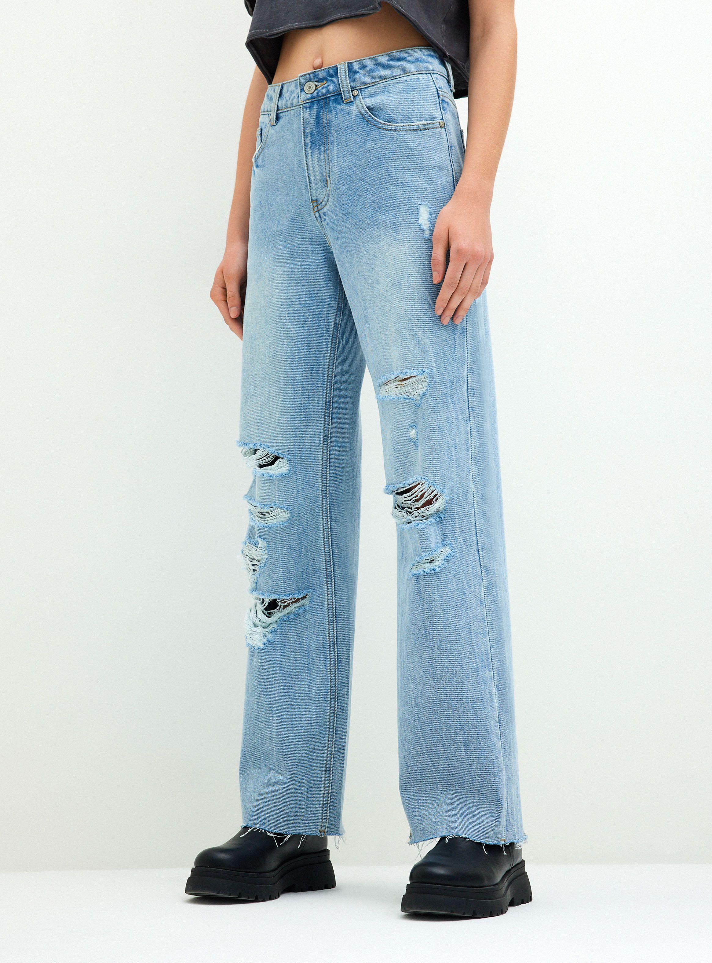 Jeans Wide Leg Roturas en Ambas Piernas-0