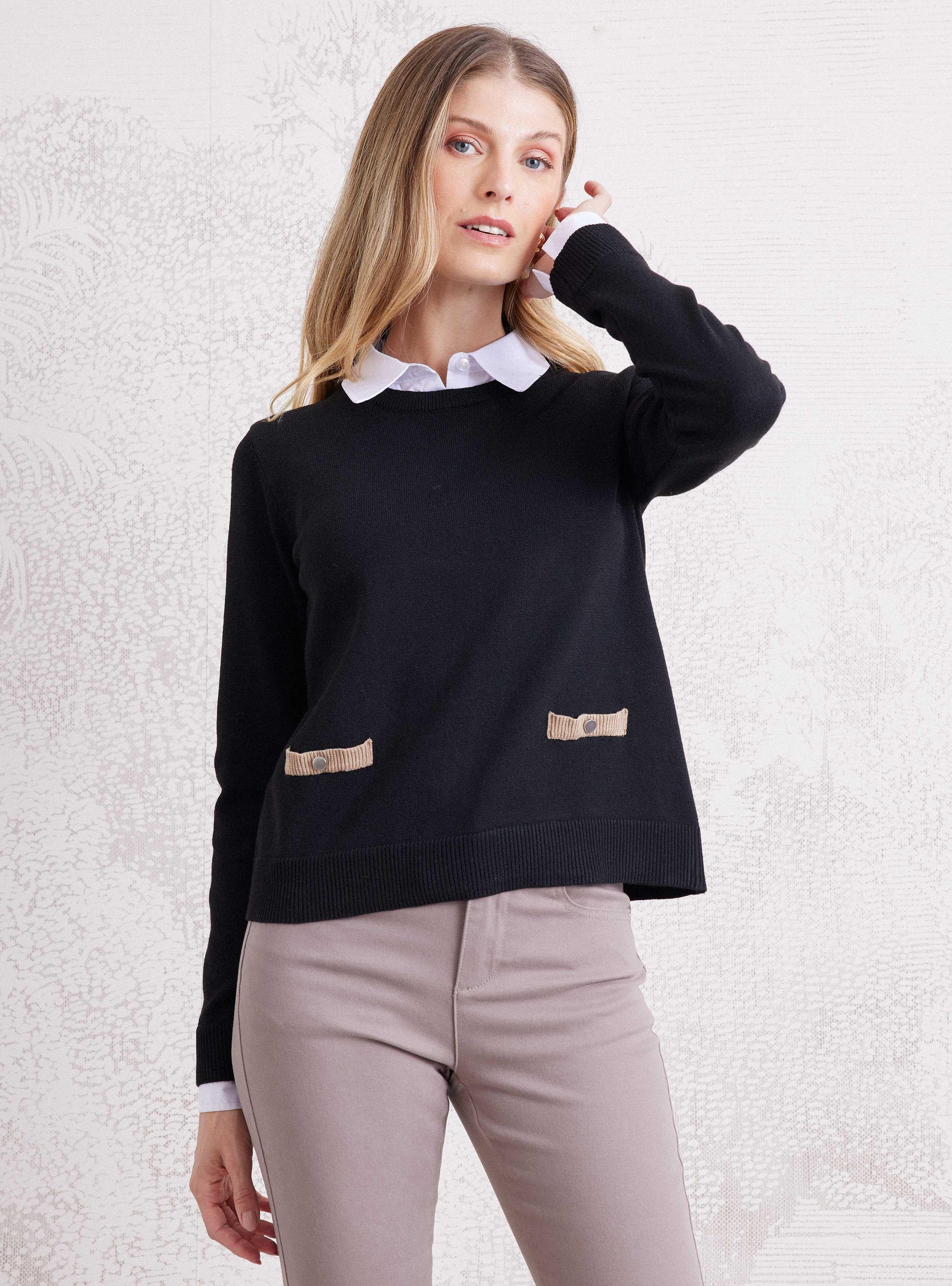 Sweater Con Cuello Camisero Y Detalle De Bolsillos-0