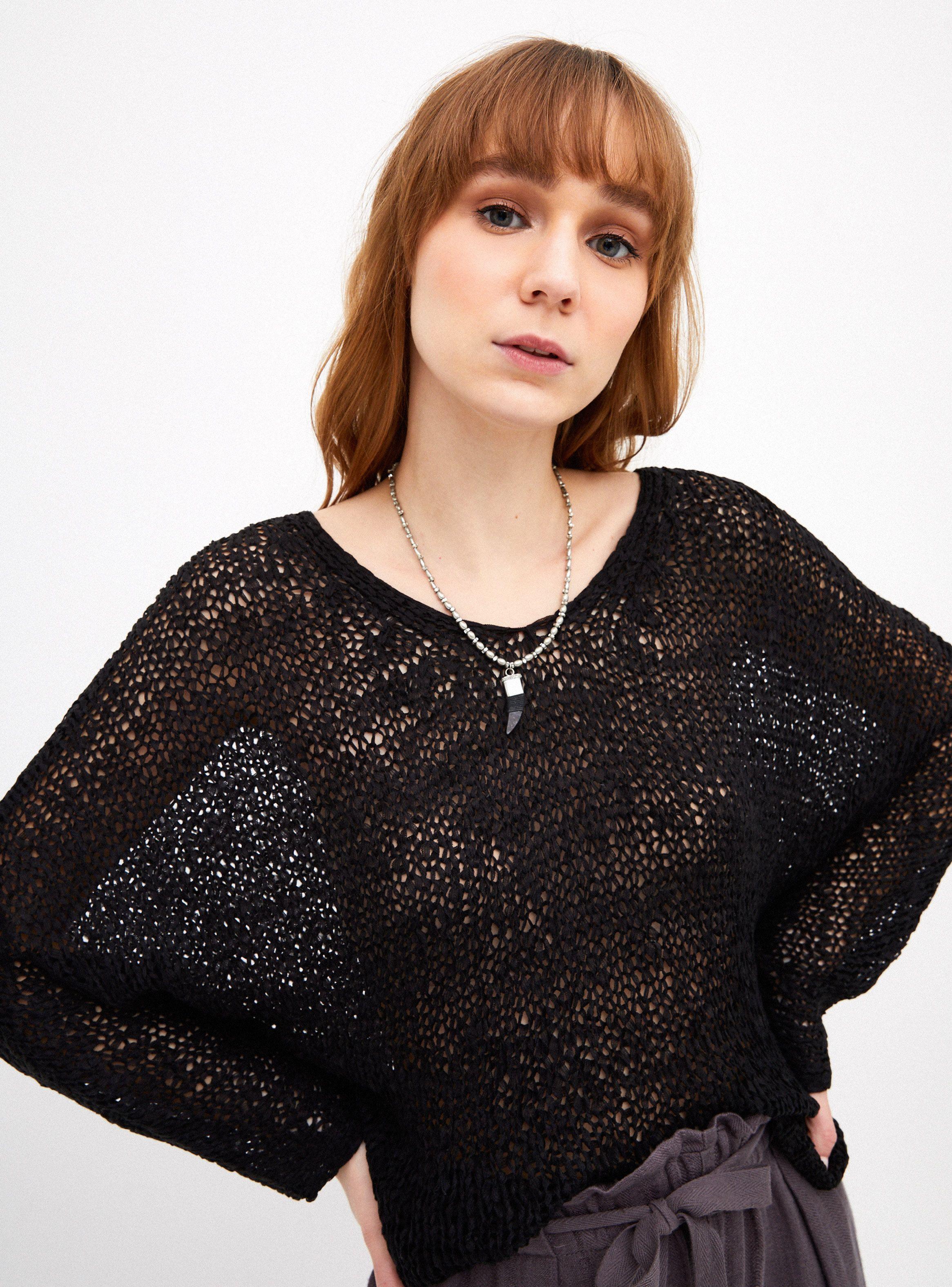 Sweater Escote V Manga Murciélago Tejído Cinta-2