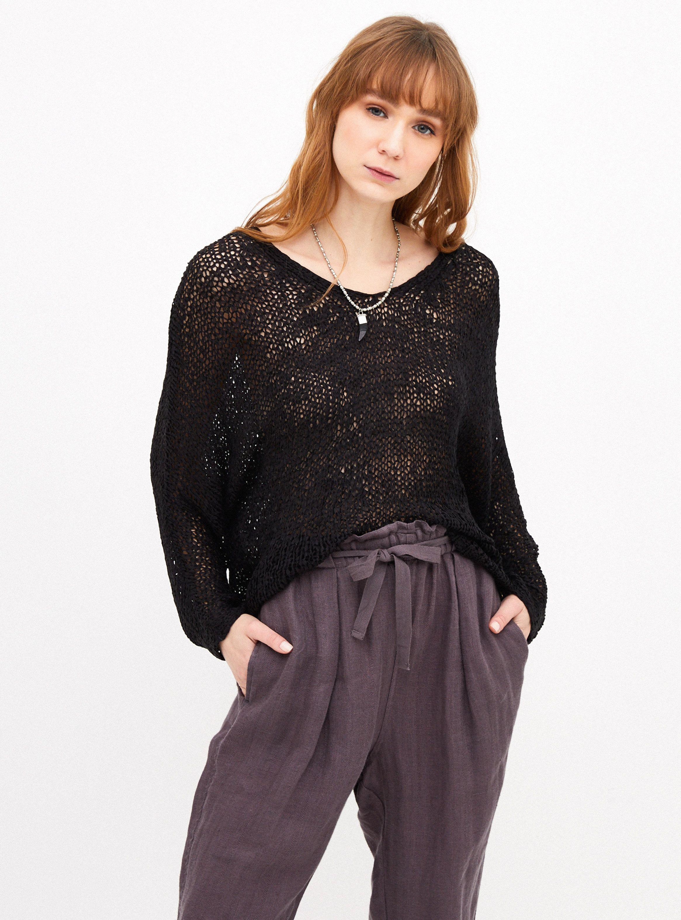 Sweater Escote V Manga Murciélago Tejído Cinta-0