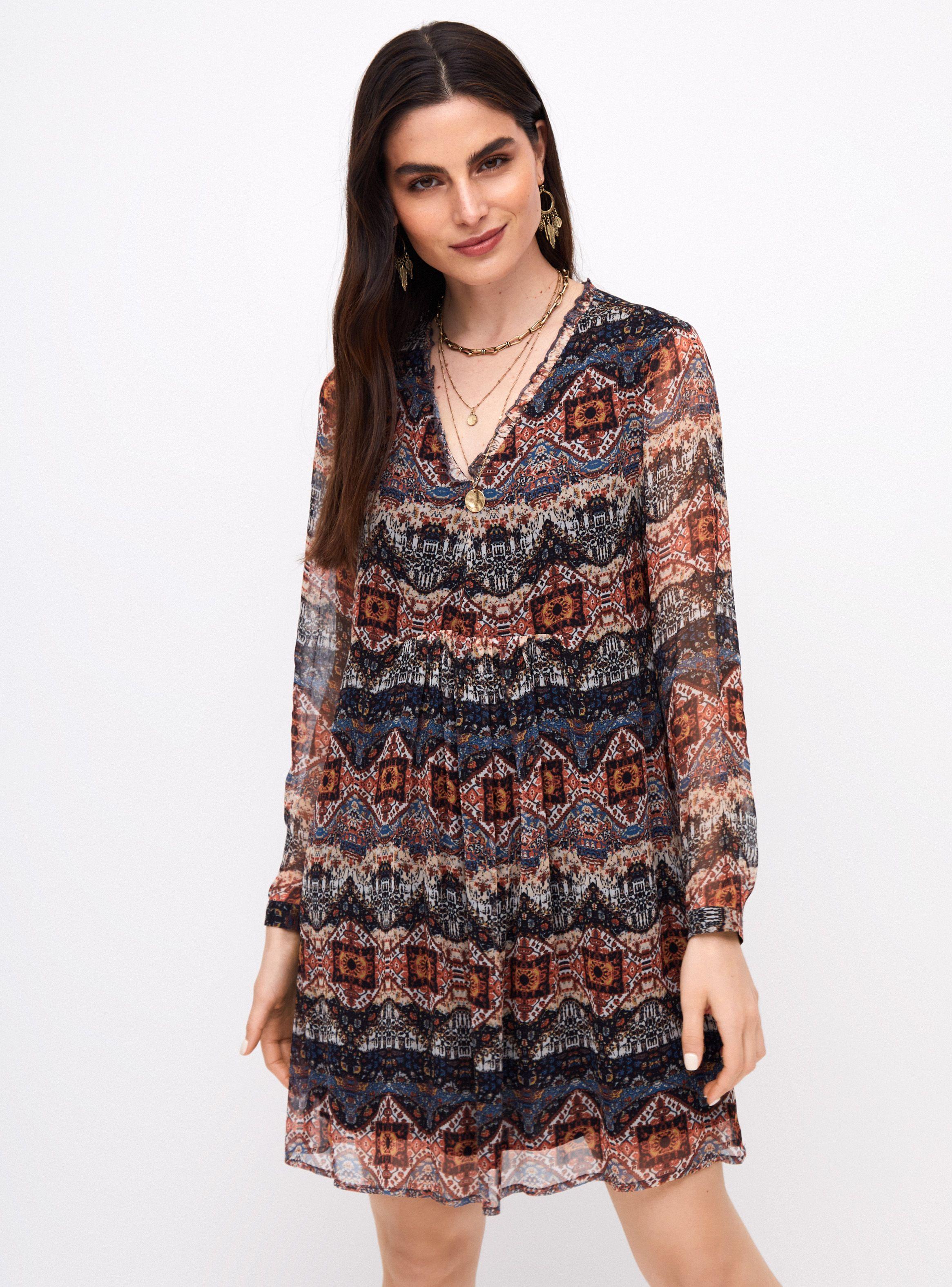 Vestido Estampado Corto con Escote V y Manga Larga.-0