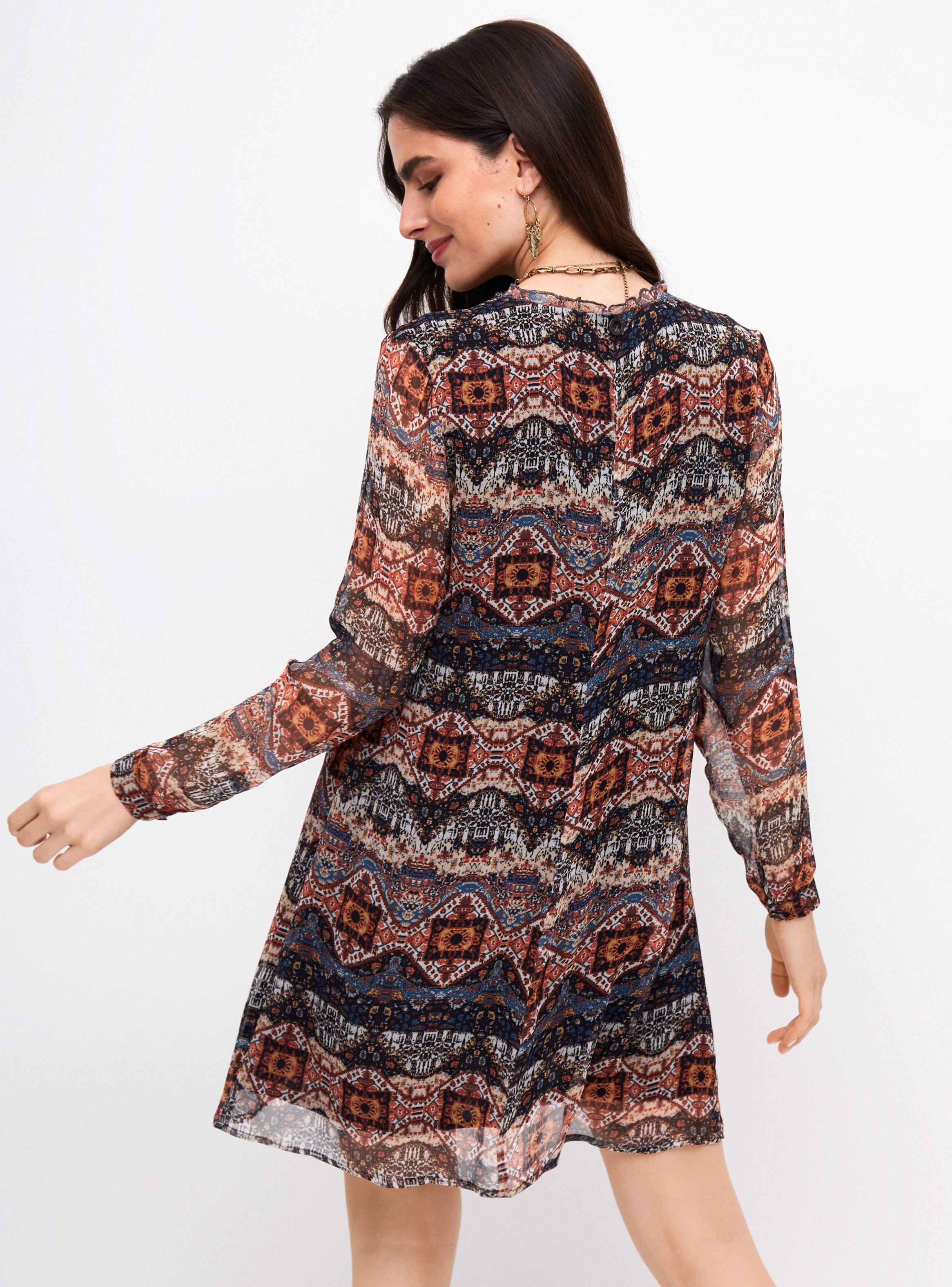 Vestido Estampado Corto con Escote V y Manga Larga.-1